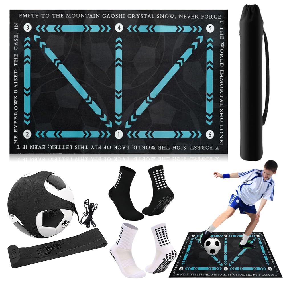 Soccer Training Mat with Video Guide & Grip Socks - 47"x32" Non-Slip Agility Footwork Mat for Home/Gym, Improve Ball Control/Speed (All Ages 5-65+)
