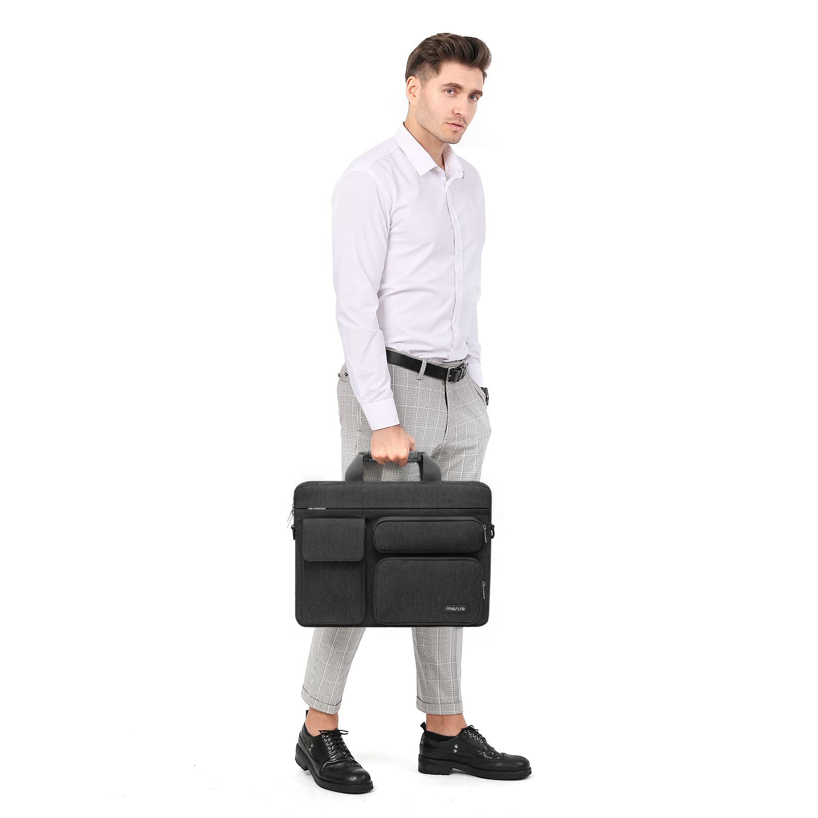 MOSISO Torba na ramię na laptopa z 2 podniesionymi i 1 klapą i 1 poziomą kieszenią, uchwytem i paskiem | Torba na komputer, 2 podniesione i 1 klapa i 1 pozioma kieszeń, uchwyt i pasek