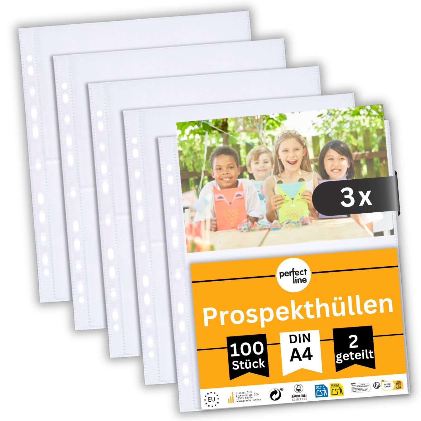 perfect line 300 fundas para documentos (2 divididas, DIN A4, transparentes, transparentes, extrafuertes, indelebles (3 x 100 (300 unidades)
