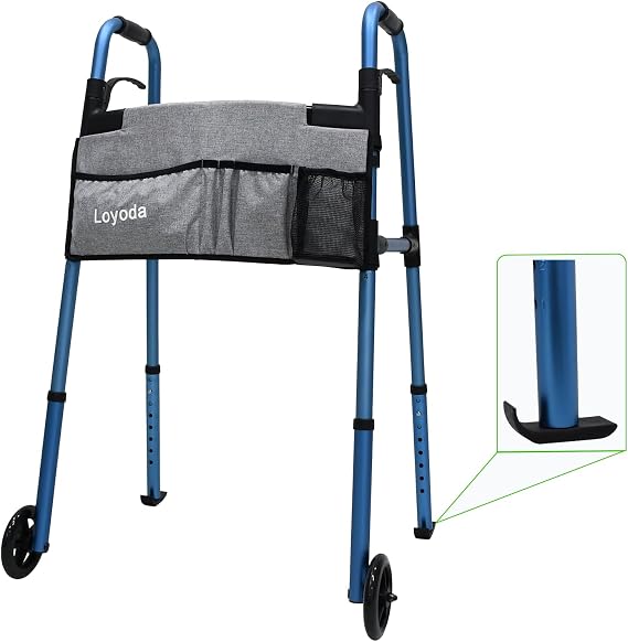 Loyoda Folding Walkers for Seniors, Medical Walker 5'' Front Wheel Lightweight Walker with Storage Bag and Skis Glides Height Adjustable Aluminum Compact Standard Walker (Blue)