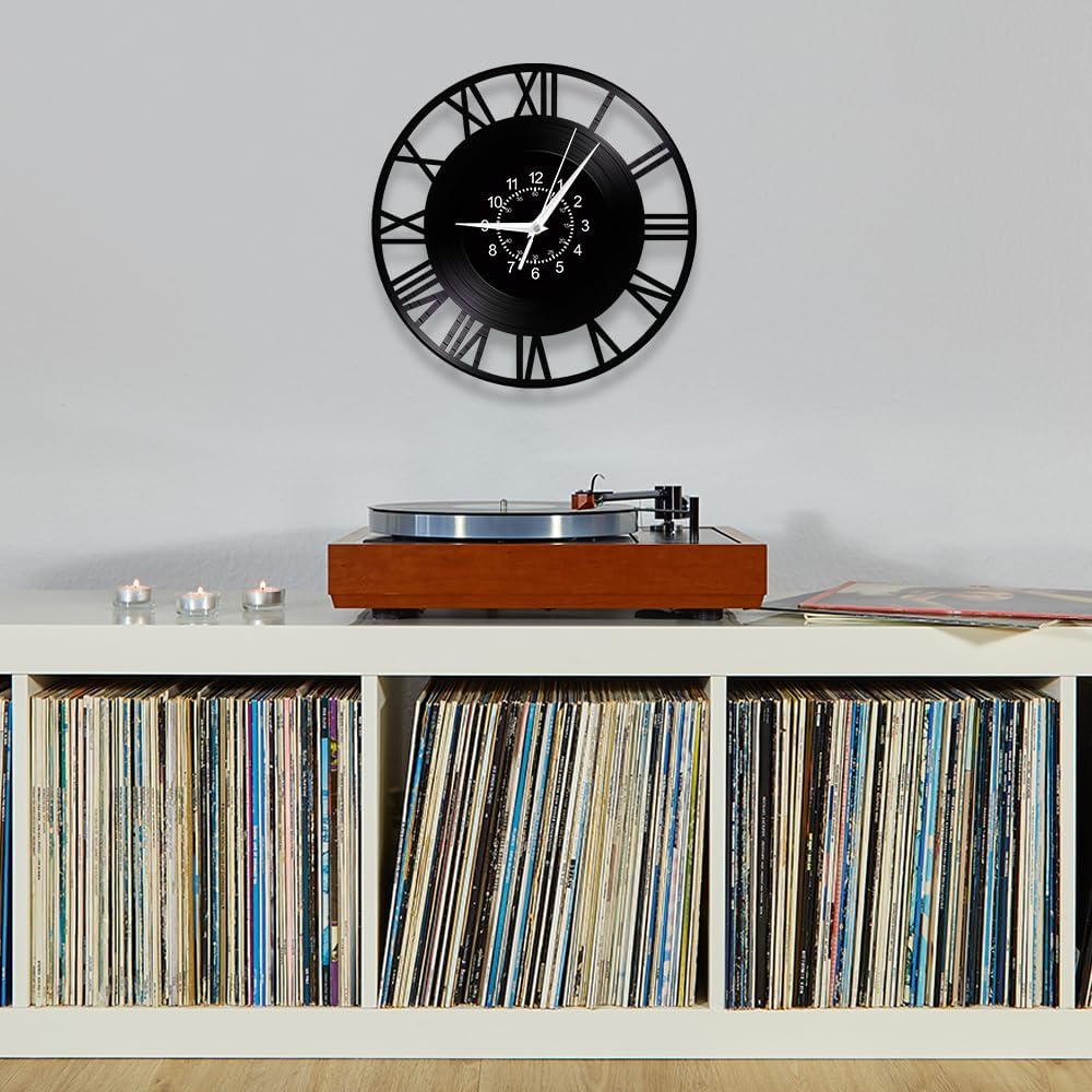 Roman Numerals Wall Clock, 12 Inch Vinyl Record Wall Clock Battery Operated, Silent Quartz Non Ticking Modern Decorative Analog Black Clock Wall Watch for Living Room Bedroom Office