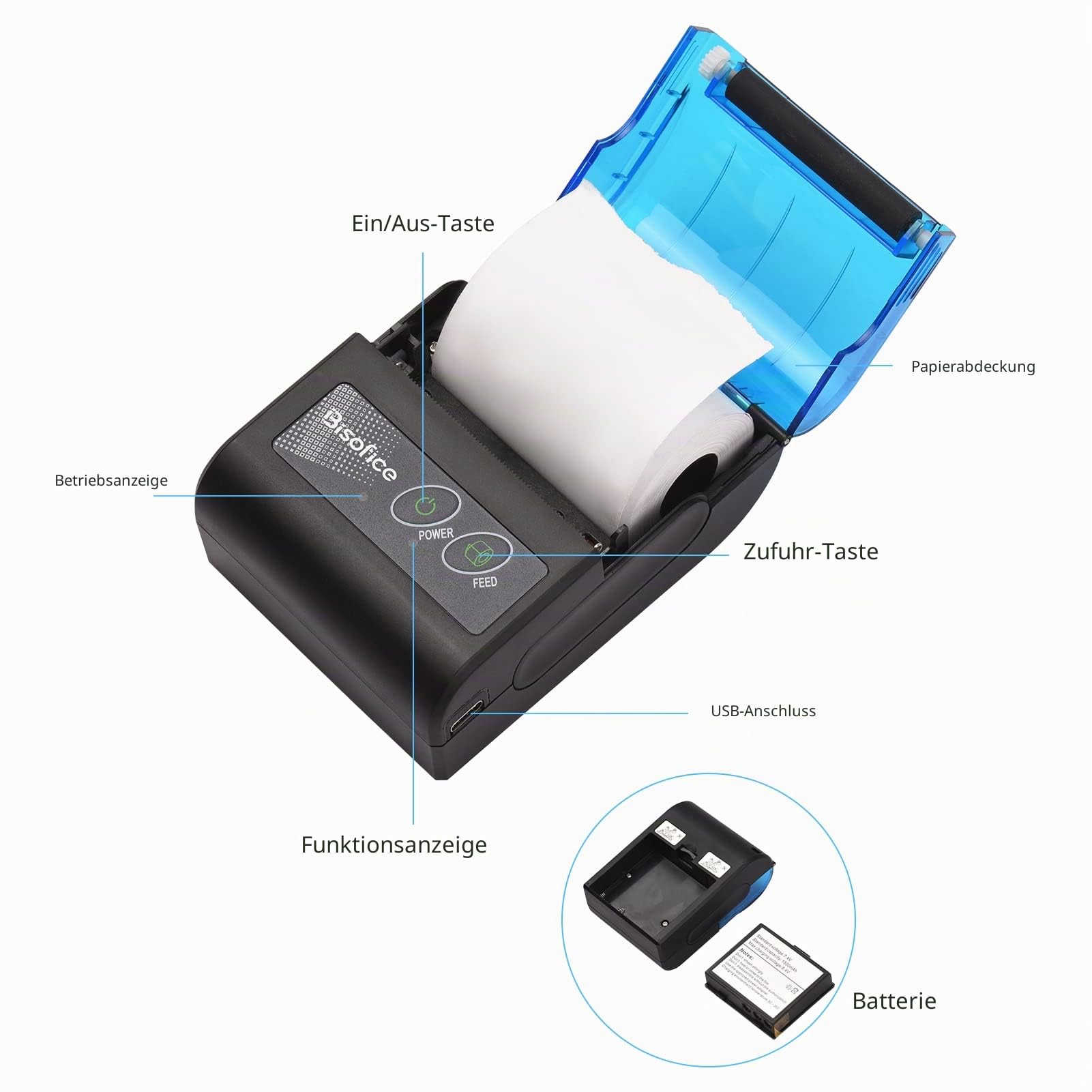 XGR-POS581 Mini-Thermodrucker, tragbar, kabellos, USB, 58 mm, kompatibel mit iOS, Android, Windows