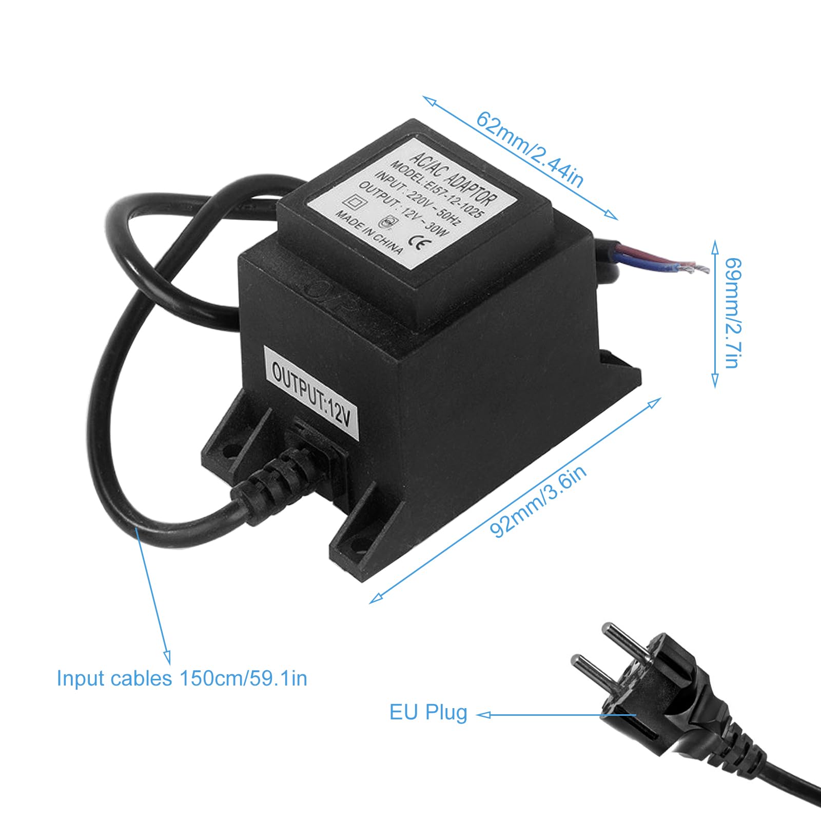 Transformator LED, 12 V/24 V AC/AC, zewnętrzny zasilacz sieciowy IP68, transformator 220 V 12 V/24 V LED z wtyczką do oświetlenia LED i pompy do stawu, czarny (12 V 30 W)