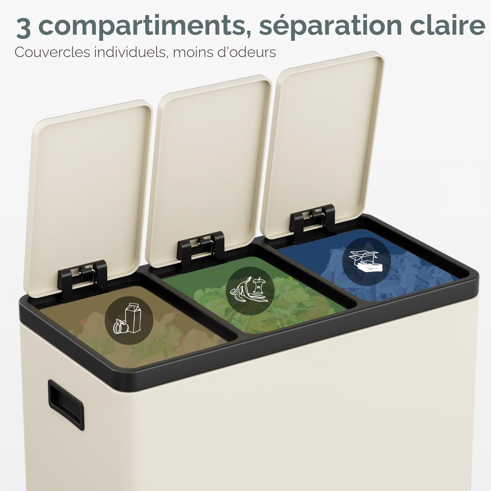 Clevich Système de tri sélectif 3 x 15 l en acier, poubelle à 3 compartiments avec pédales à code couleur, poubelle avec couvercles à fermeture douce et seaux intérieurs, beige