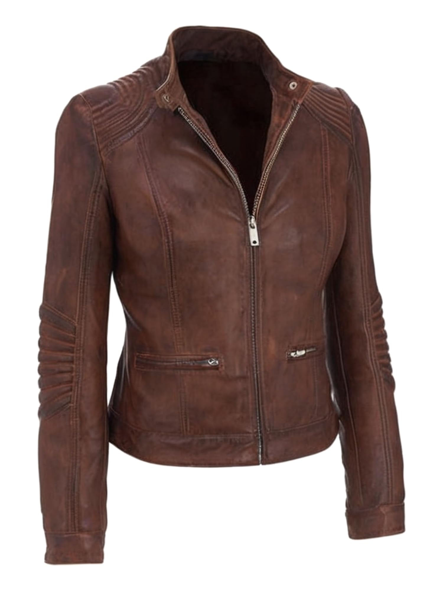 Aksah Fashion Ladies Cafe Racer Vintage Brown Leather Jacket - Slim Fit Biker Motorcycle Coat