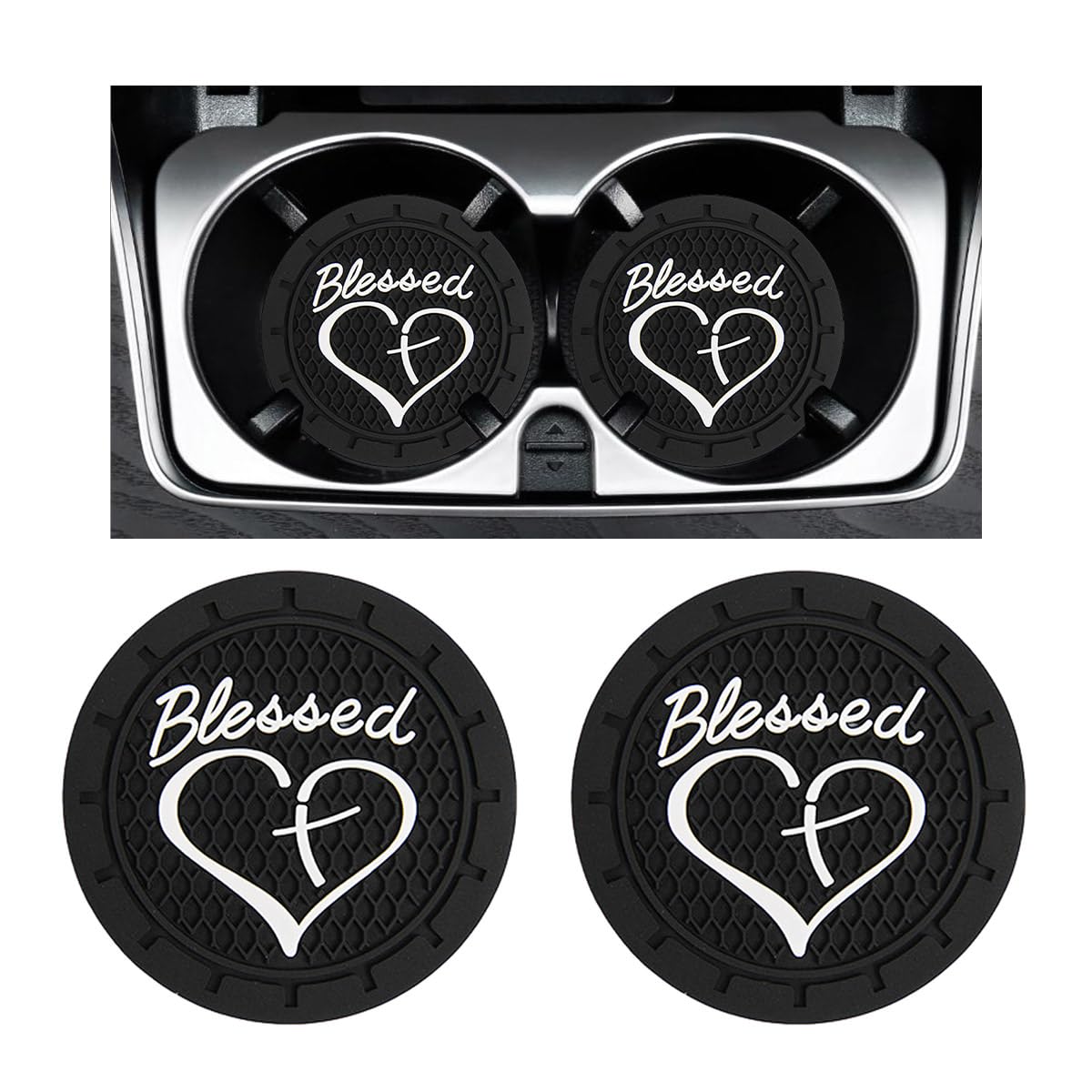 Augeny 2PCS Car Cup Holder Coaster, Non-Slip PVC Insert Cup Coaster, 2.76 Inch Blessed Cross and Heart Christian Auto Drink Cup Mat, Interior Car Accessories for Women Girls (Black)