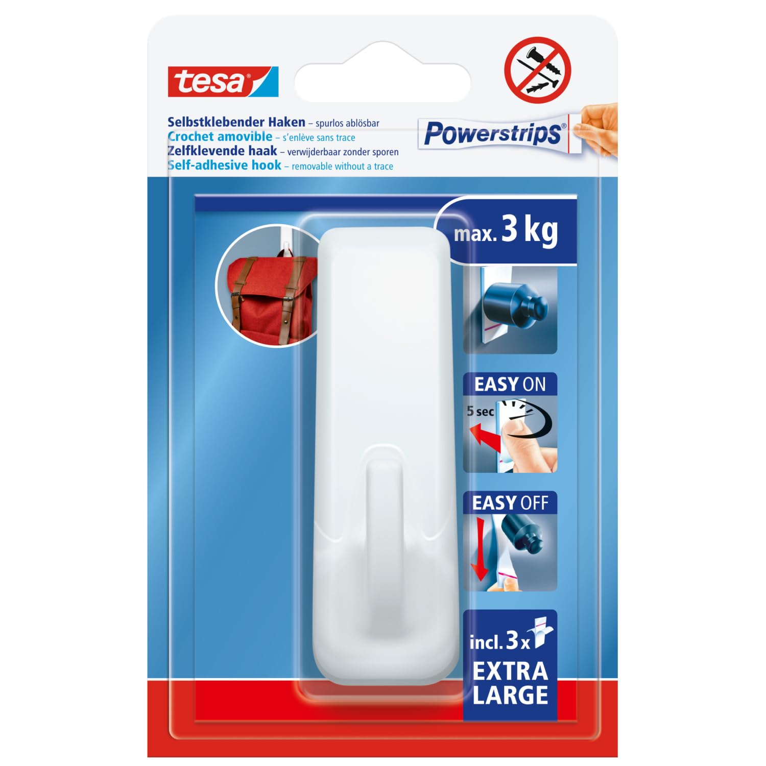 tesa Powerstrips Ganchos Adhesivos Rectangulares XL - Colgadores con Fijación Extra Fuerte - Soporte Reutilizable para Baño o Cocina - Montaje sin Taladrar - Blanco - 1 Gancho, 3 Powerstrips XL