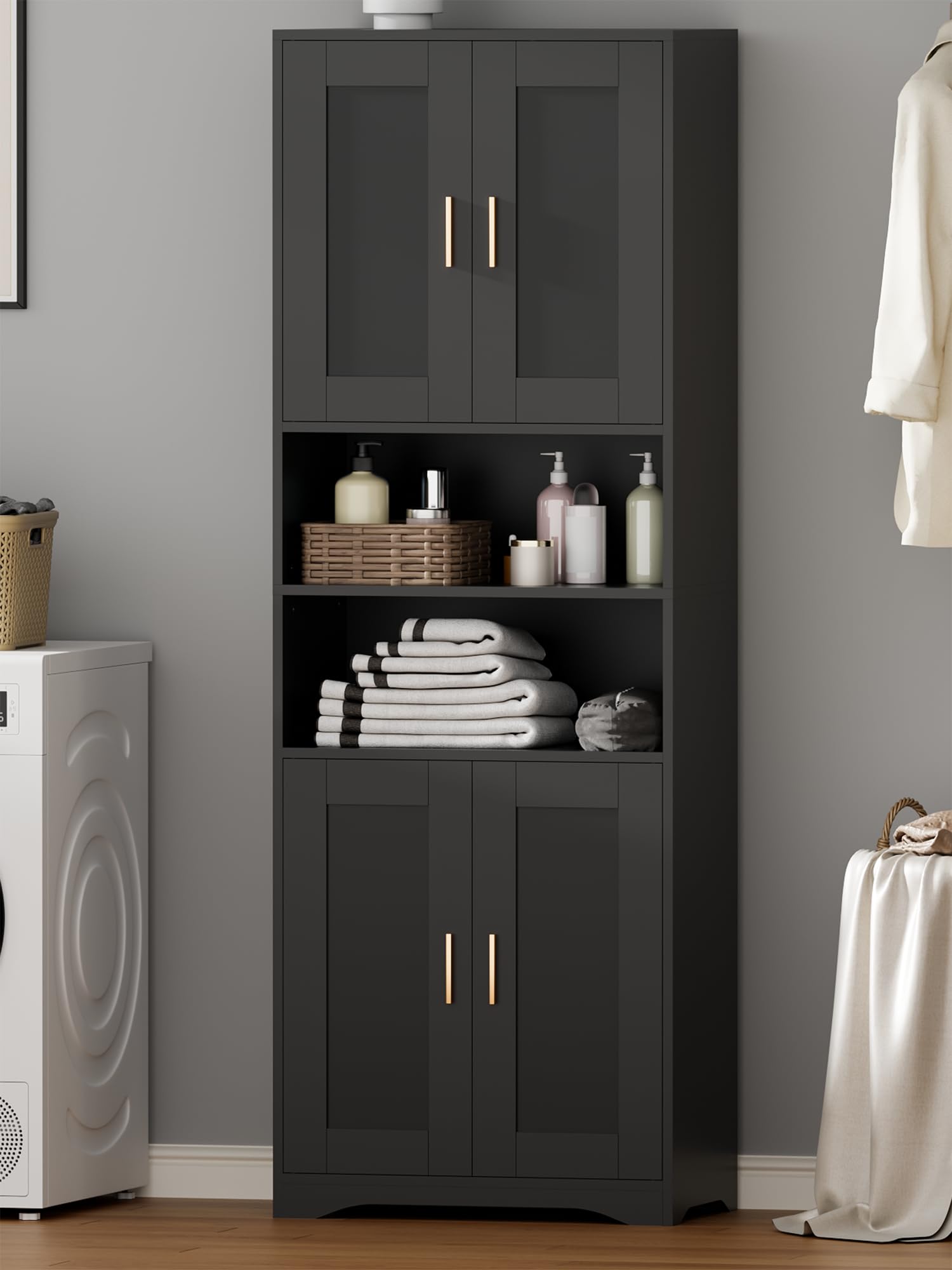BEWISHOME Mobile Alto da Bagno,rredo Bagno, Mobiletto Bagno Salvaspazio, | Mobiletto Portaoggetti con Spazio Aperto, per Sala da Pranzo, Salotto, Soggiorno, Cucina 30x60x170cm Nero EYYG09B