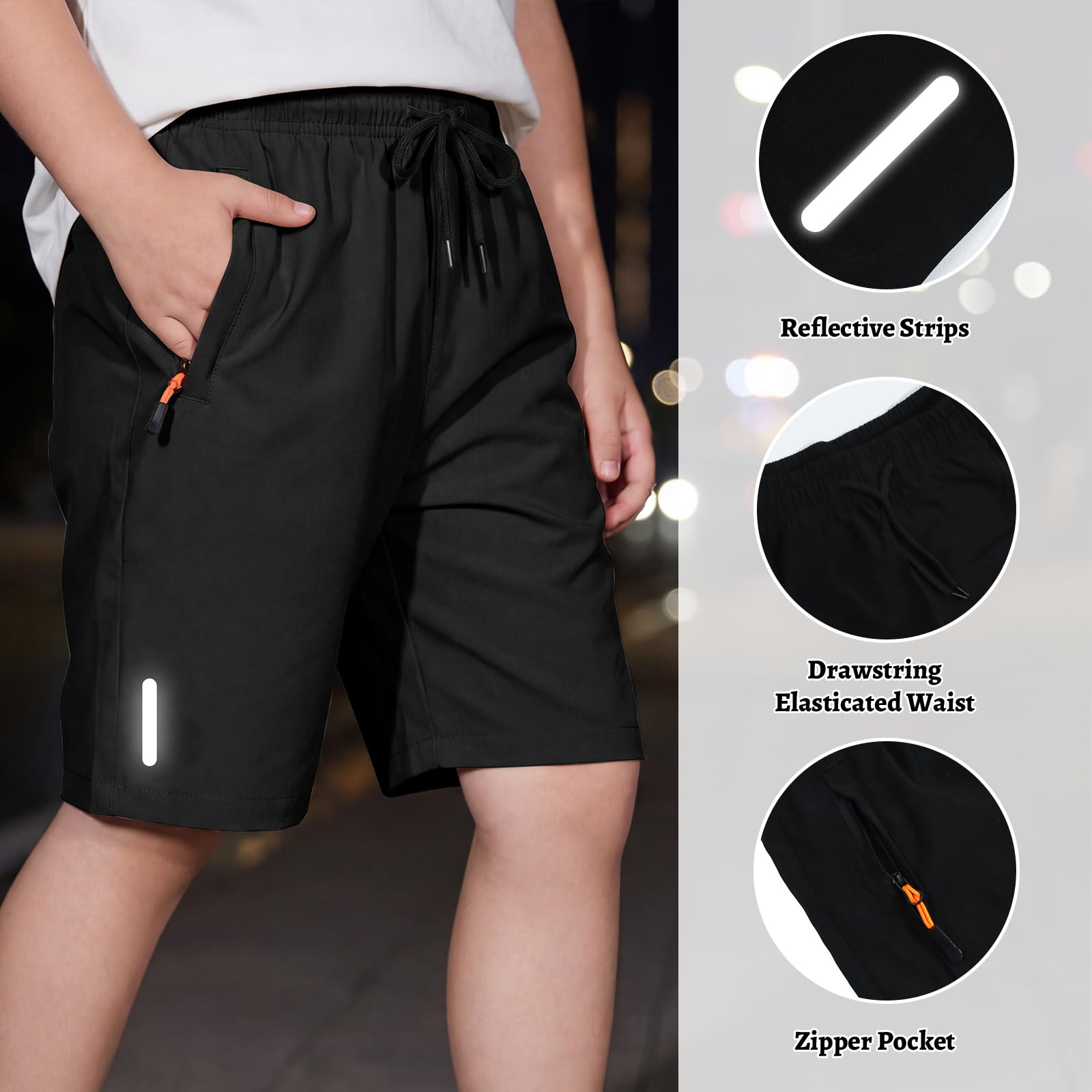 Shorts Niños, Secado Rápido Pantalones Cortos de Deporte con Tiras Reflectantes, Transpirable Pantalón Cortos con Bolsillos y Cremallera Escuela Fútbol para Infantil 6-13 Años