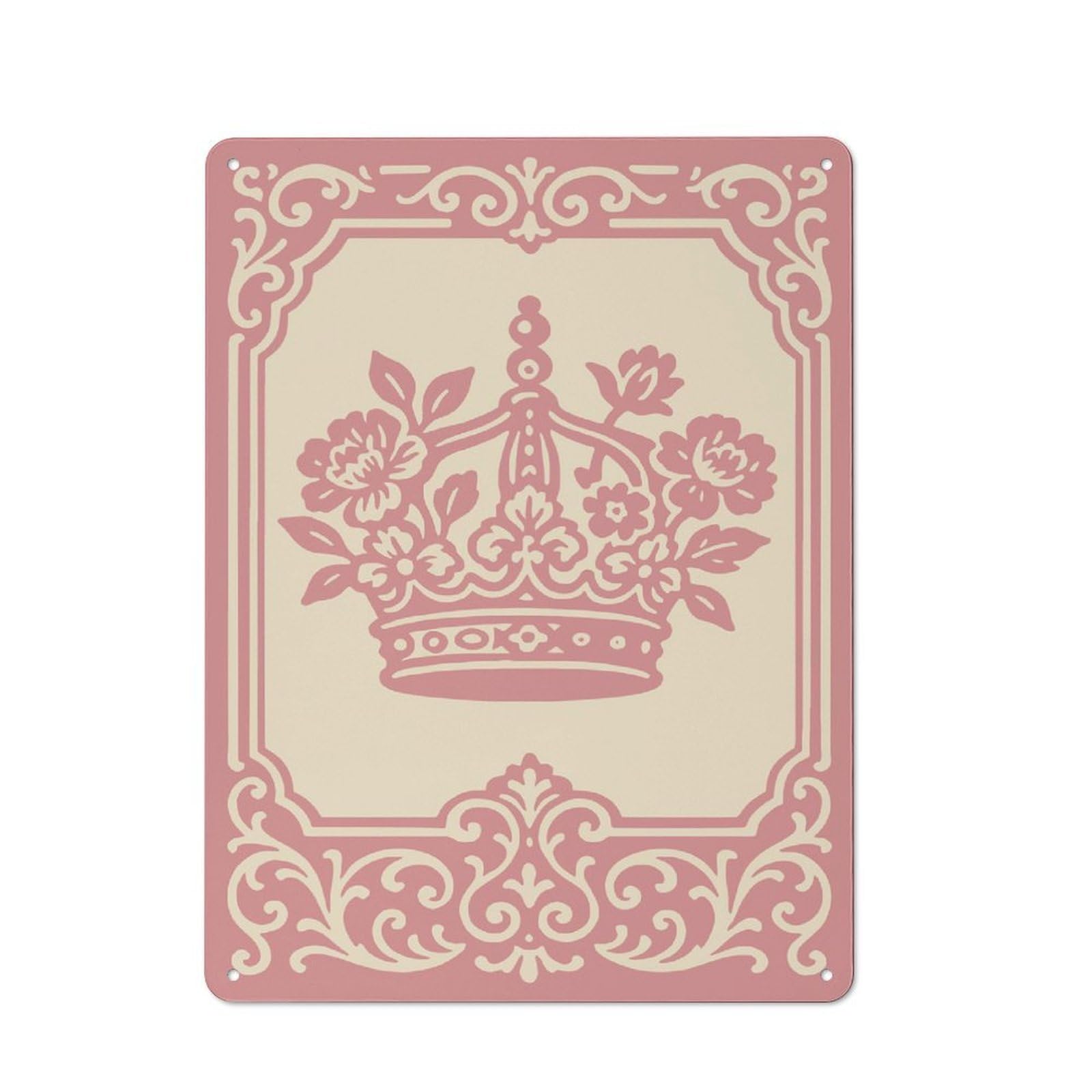 Junmoney Style-1 Pink Crown With Flowers And Ornate Border Retro Metal Wall Decor 40X30cm, Retro Metal Sign For Garage, Hobby Room, Office Or Man Cave