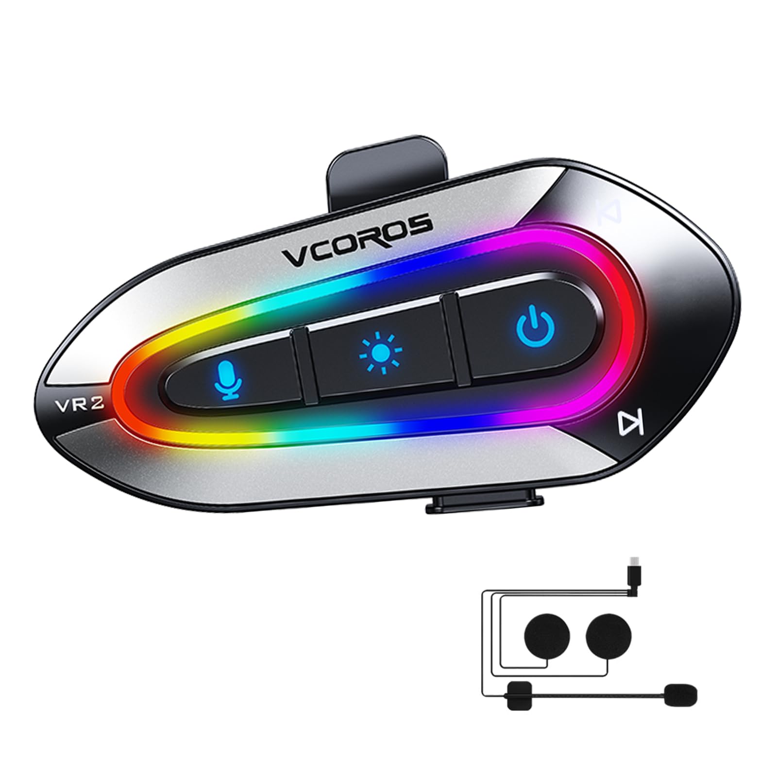 Casco Moto Auricolare,VR2 Casco Moto Bluetooth Auricolare per Singola, IPX6 Impermeabile,Modalità luce RGB,5.3 Cuffie Bluetooth per Moto,Auricolari Moto per Vivavoce AI Voice Control,Controllo Musica