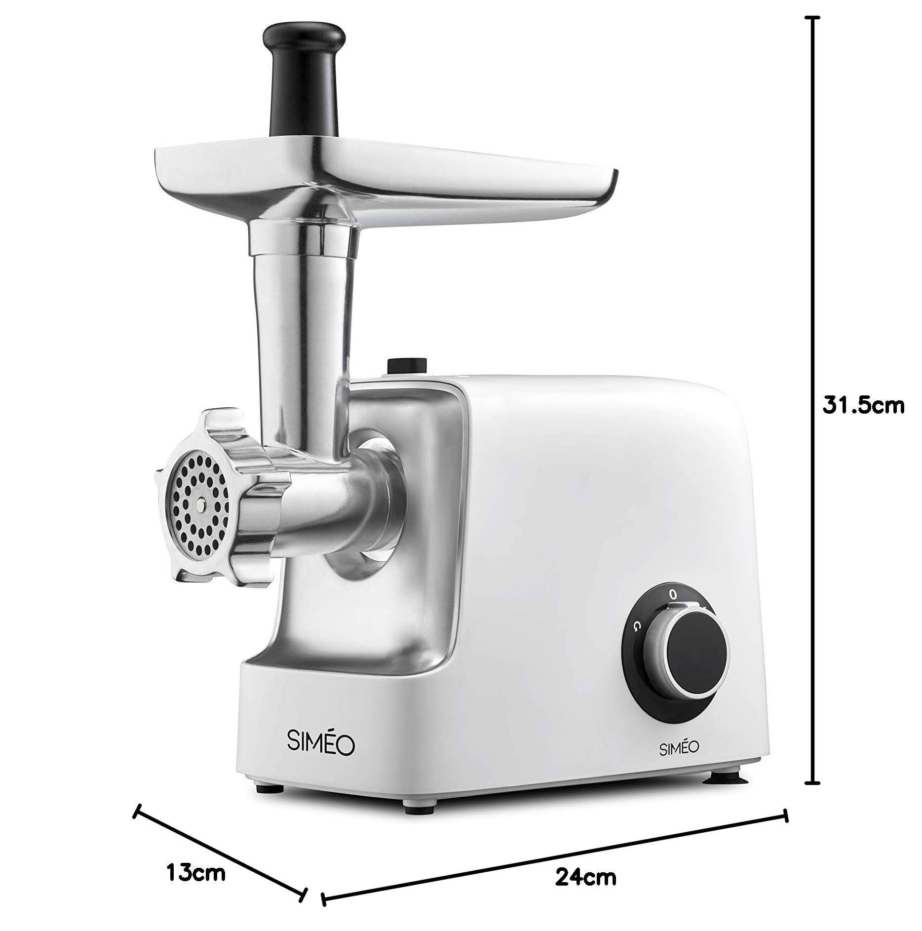 SIMÉO - Hachoir à Viande Compact RHM310-3 Grilles Inox (3, 4.5, 7 mm x ∅50 mm), Kits à Saucisses et Kebbés - Moteur 2 Vitesses, 2.5kg/mn - 13x24x31,5 cm - Blanc