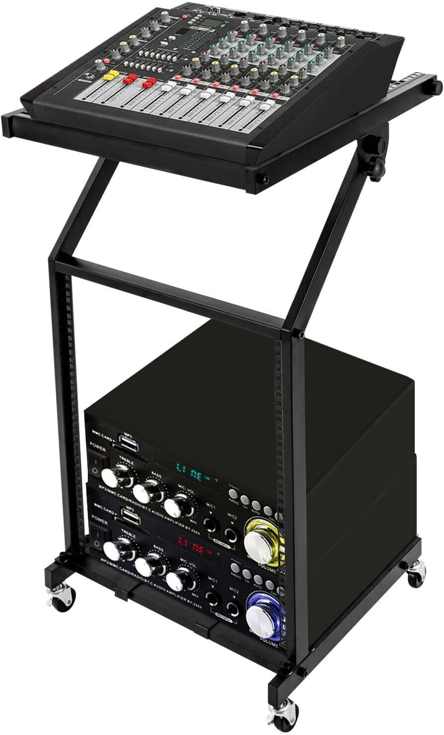 DJ Mixer Stand Adjustable Rack, 2 Layer Rack Mount Mixer Case Stand with 4 Universal Wheels Supporting Crossbars and Adjustable Angle Studio Adjustable Stage Cart for Home, Office Concert Venues Etc