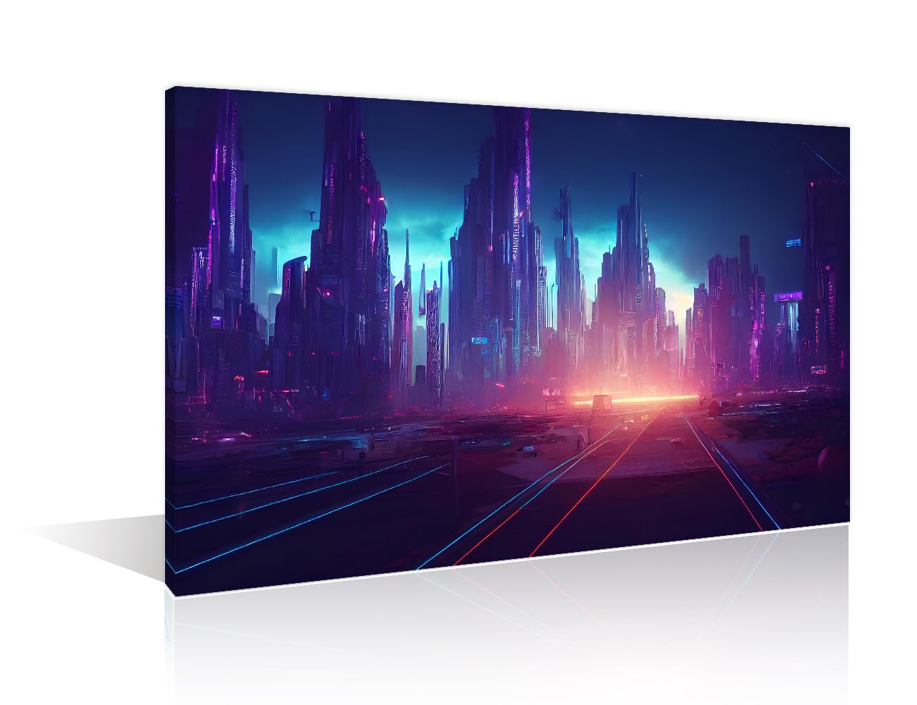 TISHIRON 1 Pieces Cyberpunk City Picture Artwork Home Decor Modern Painting Metaverse City with Skylines Wall Art for Living Room Framed Ready to Hang (24" Wx36 H) — image 1