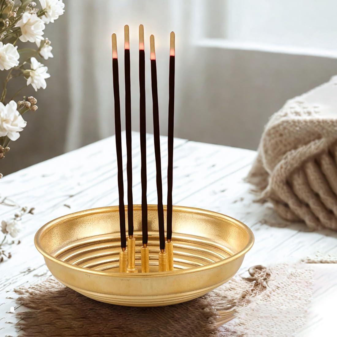 Sacch Brass One Agarbatti Stand With 5 Holders, Ash Catcher Tray For Pooja Room And Office Space,35Gms,10.2 Cms.