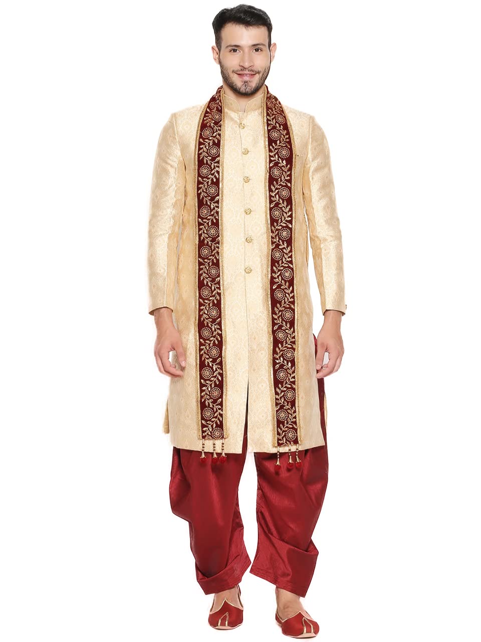 Men's Maroon Embroidered Velvet Stole - Dupatta, Free Size-image-1