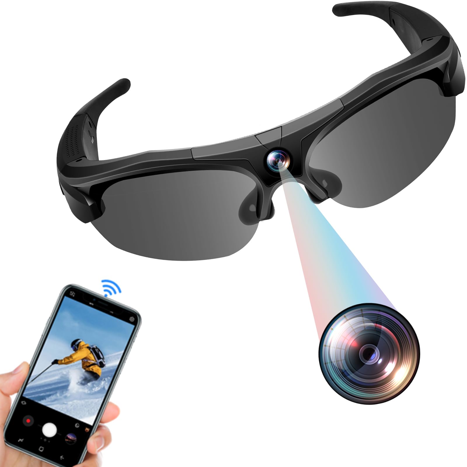 Brille mit Kamera & 1080P WiFi, 120° Weitwinkel, polarisiert für Sport | 100 Min Akku, 256GB Speicher, polarisierte Linsen (UV-Schutz), Loop-Aufnahme, inkl. Zubehör-Set