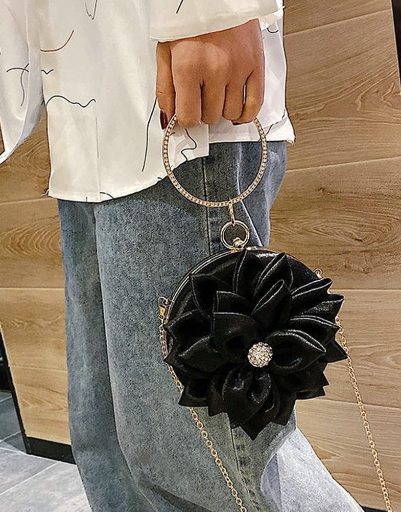 Obosoyo Women Flower Shaped Rhinestone Clutch Soft Satin Wristlet Handbag Round Purse Wedding Party Purse Clutch Evening Bag