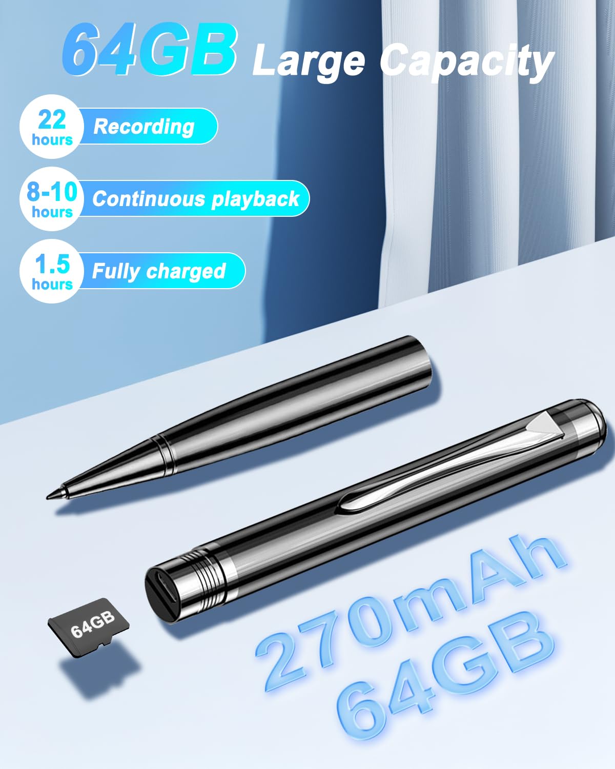 Mini Diktiergerät 64GB, Aufnahmegerät mit 768 Stunden Kapazität, Voice Recorder Pen mit Rauschunterdrückung, EIN-Knopf-Aufnahme, Zeitstempel, Mini Diktiergerät für Meetings,Vorlesungen