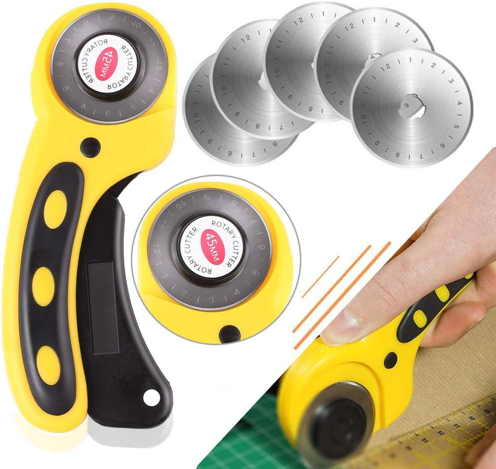 Rotary Cutter with 5 Pcs 45mm Rotary Spare Blade Refill Set - Alloy Steel Blade, Ergonomic Comfortable Grip, Sewing Cutting Tool, for Cutting Fabric Paper Cloth Leather Mat Craft Supplies (Yellow)