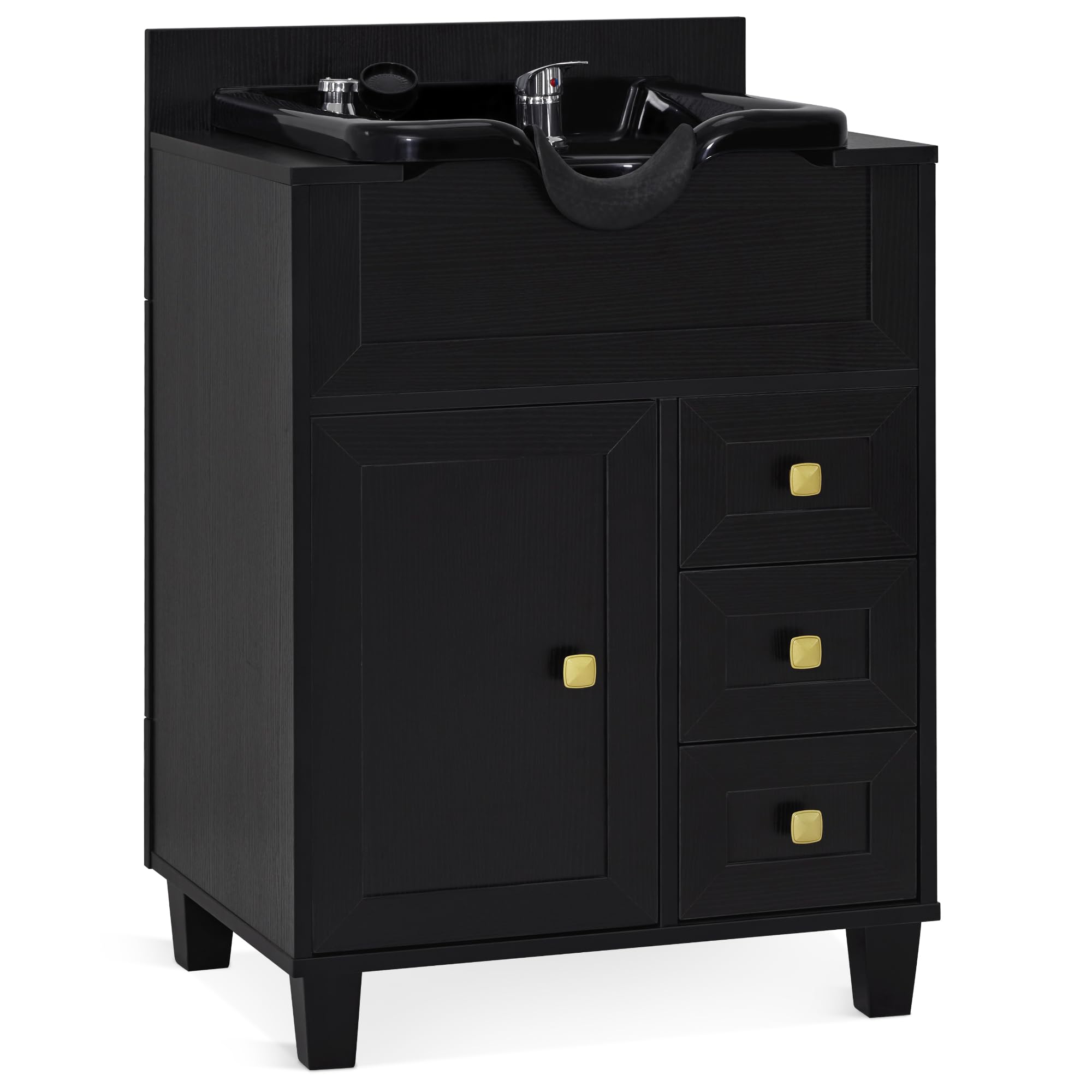 BarberPub Barber Storage Shampoo Station, Spa Textured Embossed Cabinet with Shampoo bowl & Drawers, Hair Salon Sink Backwash Equipment 7131 (Black)