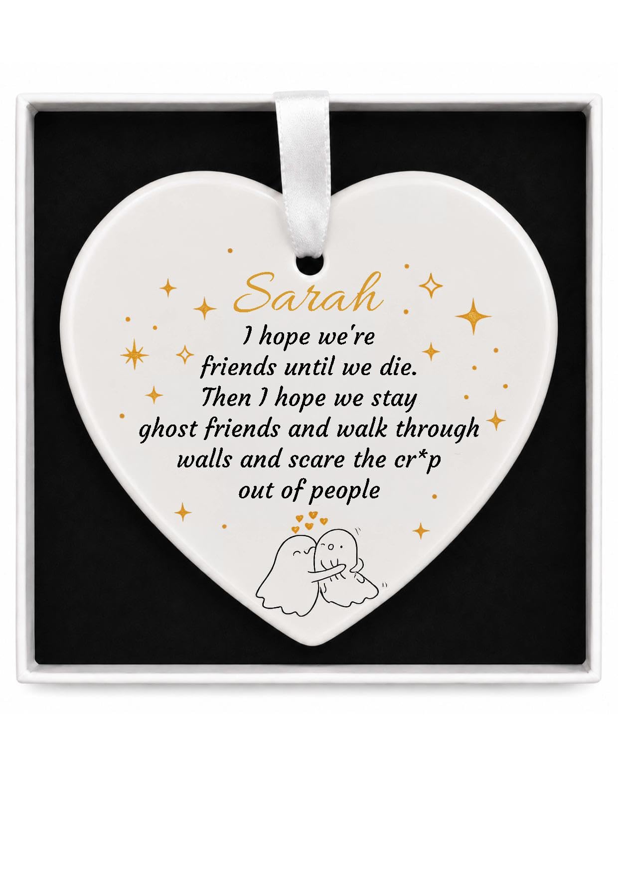 Personalised Friendship Ceramic Heart Hanging Ornament, Custom Name, Ghost Friends Keepsake