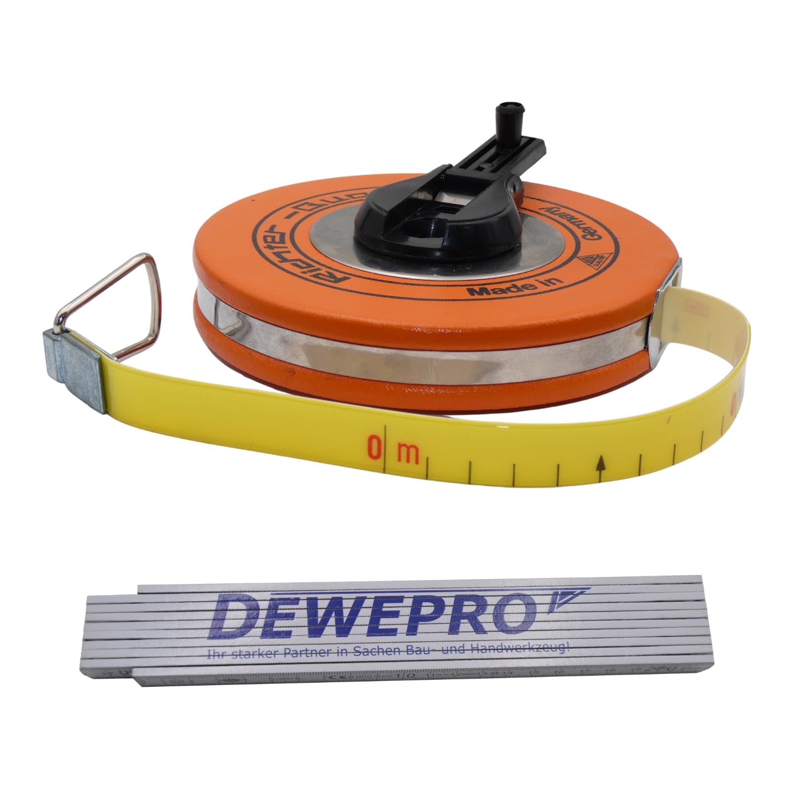 Richter Glasfaserbandmaß 50 m – 16 mm breit – gelbes Gewebeband mit cm-Teilung – in robuster Platalkapsel mit Kunststoffüberzug – Maßanfang A (10 cm Vorlauf) inkl. DEWEPRO Zollstock 2 m