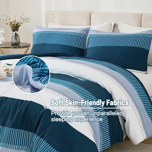 Litanika Oversized King Comforter Set Navy Blue - 3 Pieces Lightweight Blue White Colorblock Stripe Fluffy Bedding Comforter Sets, All Season Bed Set