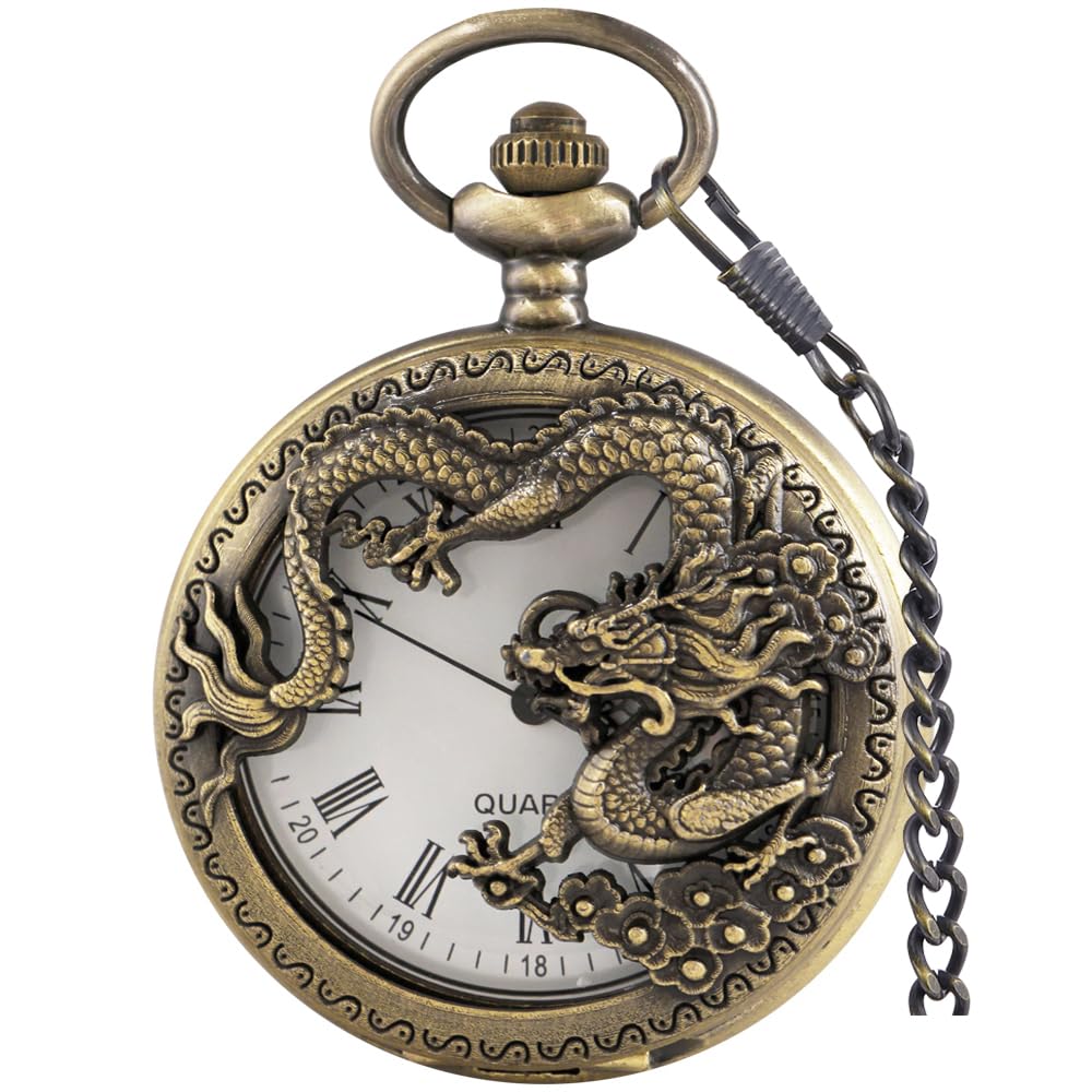 Dragon Design Quartz Pocket Watch Roman Numerals with Chain Birthdays Gifts for Father's Days
