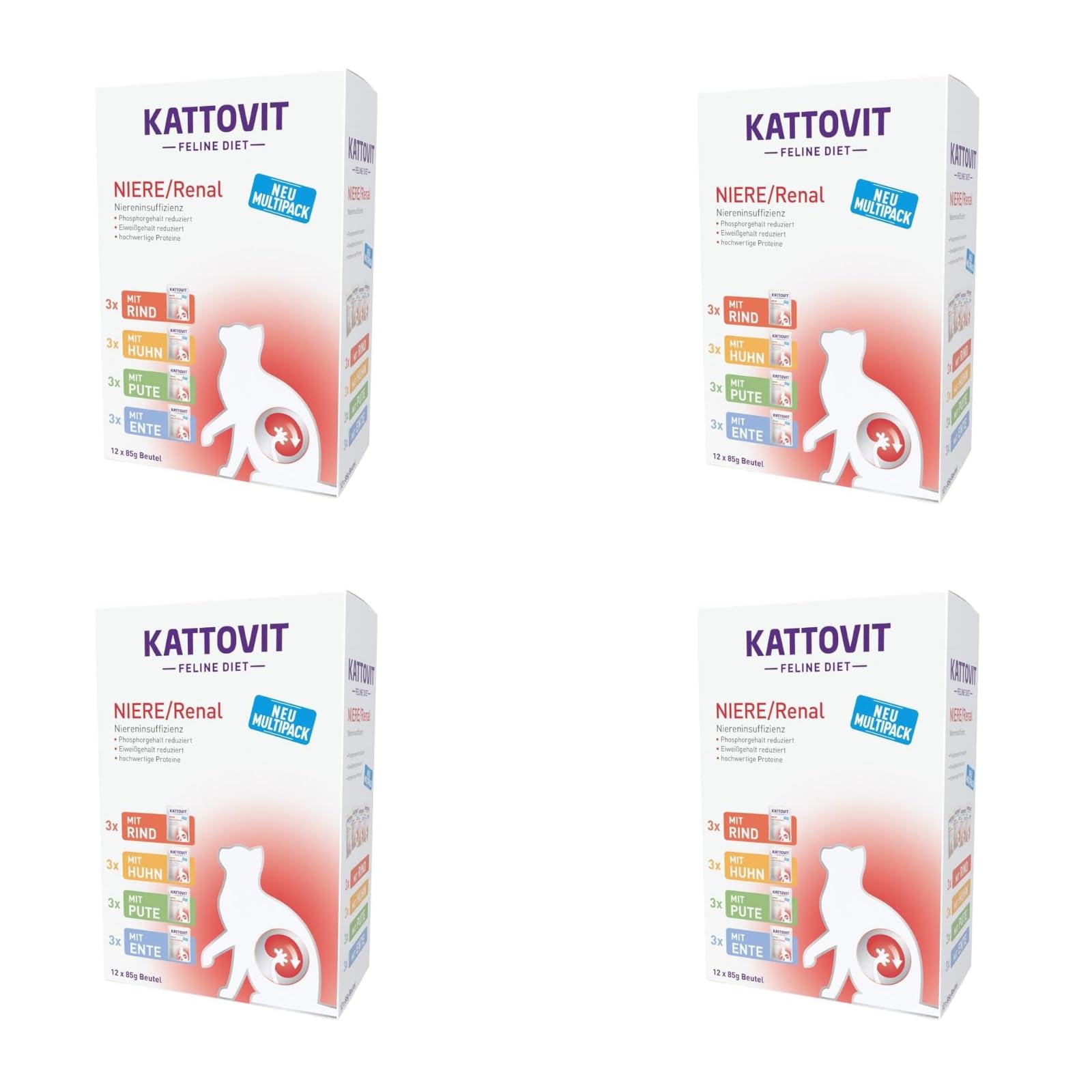 Kattovit Kidney/​Renal Multipack | Confezione da 4 | 4 x 12 x 85 g | Alimento dietetico completo per gatti con 4 gusti diversi in busta fresca | Per sostenere la funzione renale