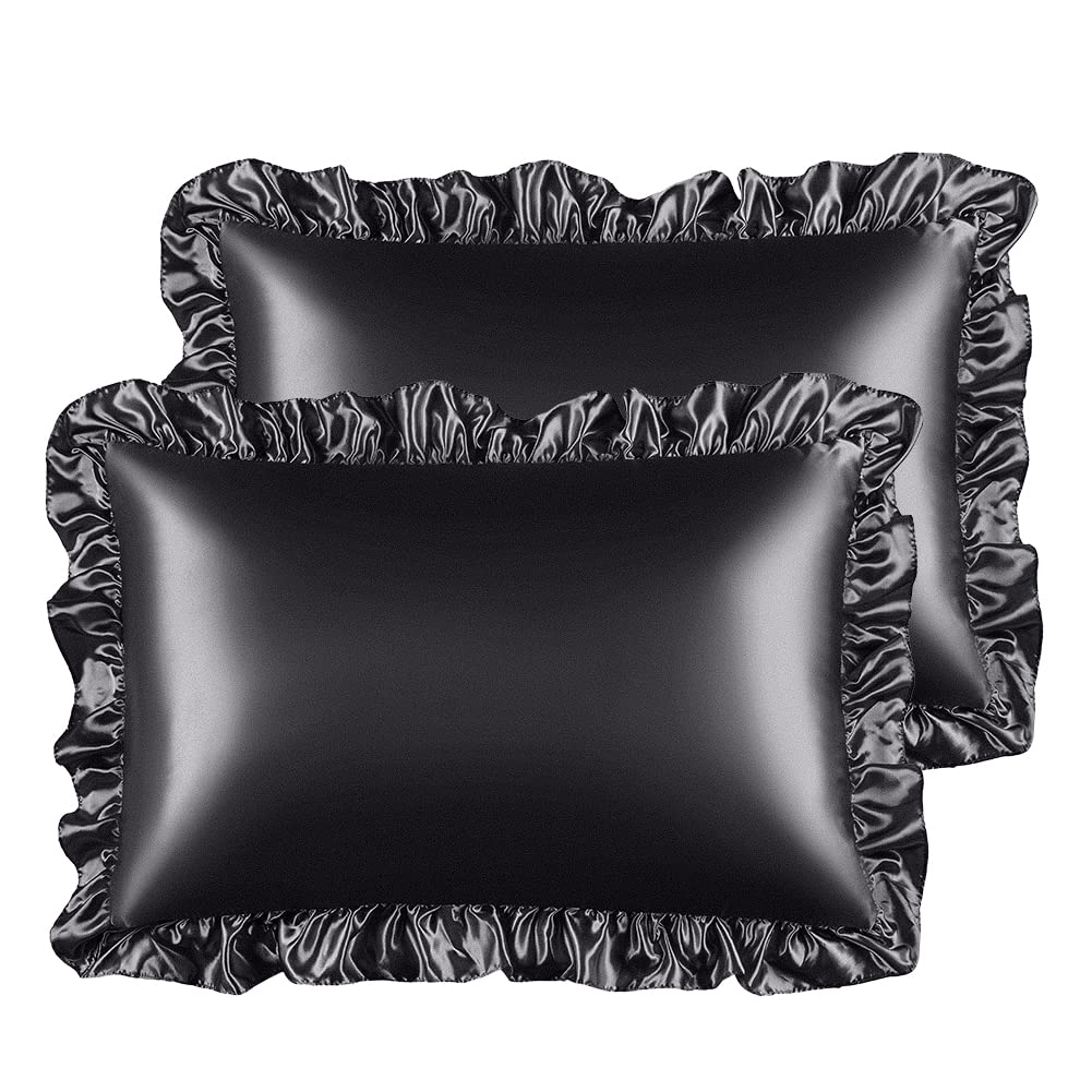 STONECREST Classic Home Decor, IncSatin Pillowcase for Hair and Skin, Soft Silky Ruffle Satin Pillow Sham Covers with Envelop Closure 2 Pack(20" x 26")(Black, Standard)