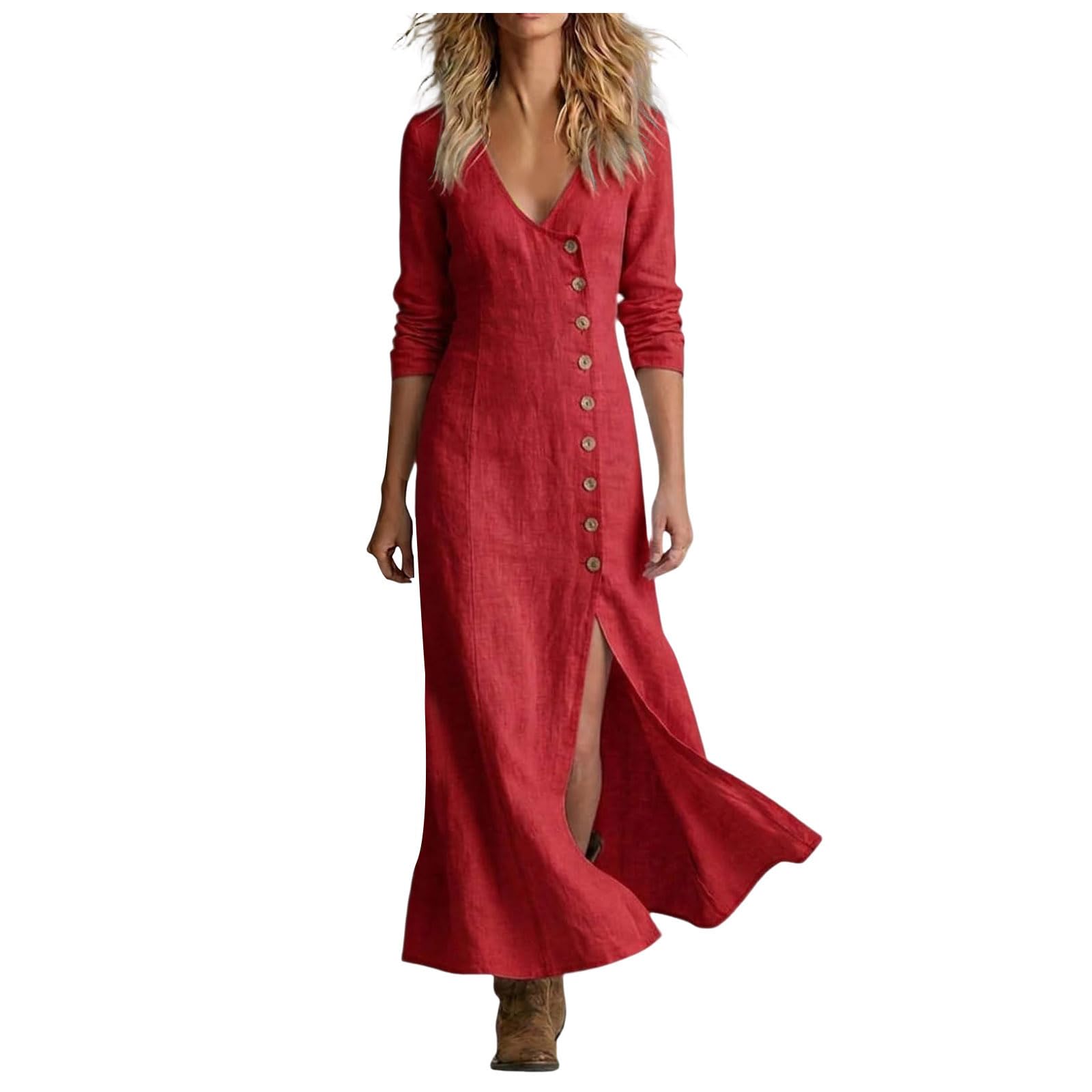 Abito in Lino Donna Abito da Donna in Cotone e Lino con Scollo a V, Bottoni, Maniche Lunghe, Ampio e svolazzante, Perfetto per L'Estate, Stile Boho, con Spacco Laterale, Vestito Estivo Elegante