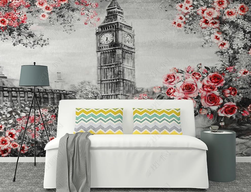 Papier peint intissé fleurs Big Ben pour masquer un mur abîmé de salon 250cm - 2