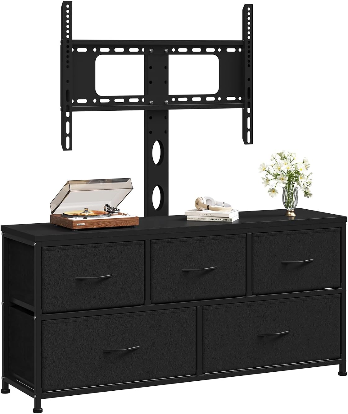 TV Stand with Mount, Fabric Dresser with 5 Drawers for 32/45/55/60/65/75 inch TVs, Black Dresser Entertainment Center, Modern Media TV Console Table