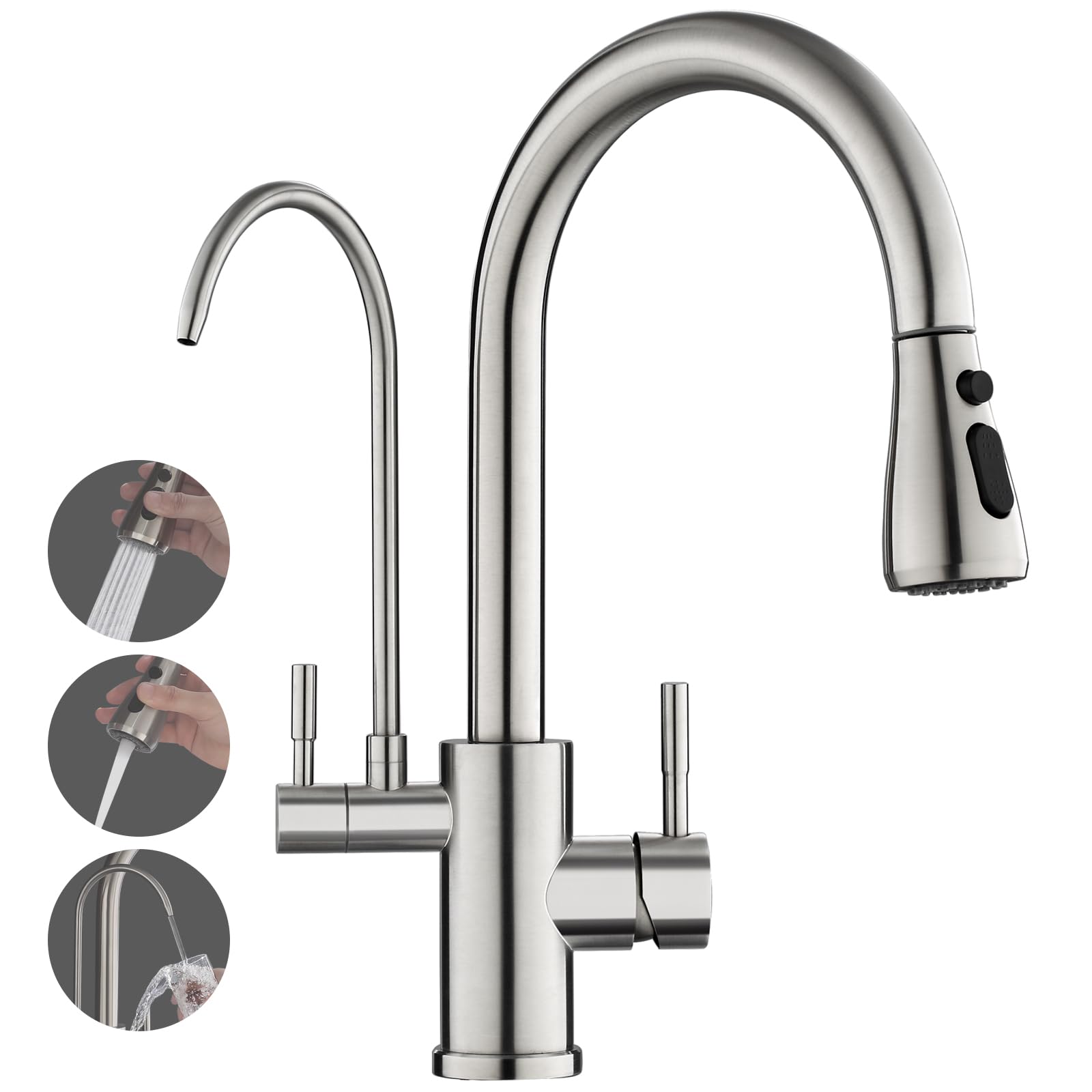 ROVOGO 3 Wege Wasserhahn Küche mit Filter, Hochdruck Küchenarmatur mit Brause Ausziehbar, Doppelhebel Spültischarmatur für Heiß-, Kalt- und Trinkwasser, Mischbatterie Gebürstet Edelstahl, C-Auslauf