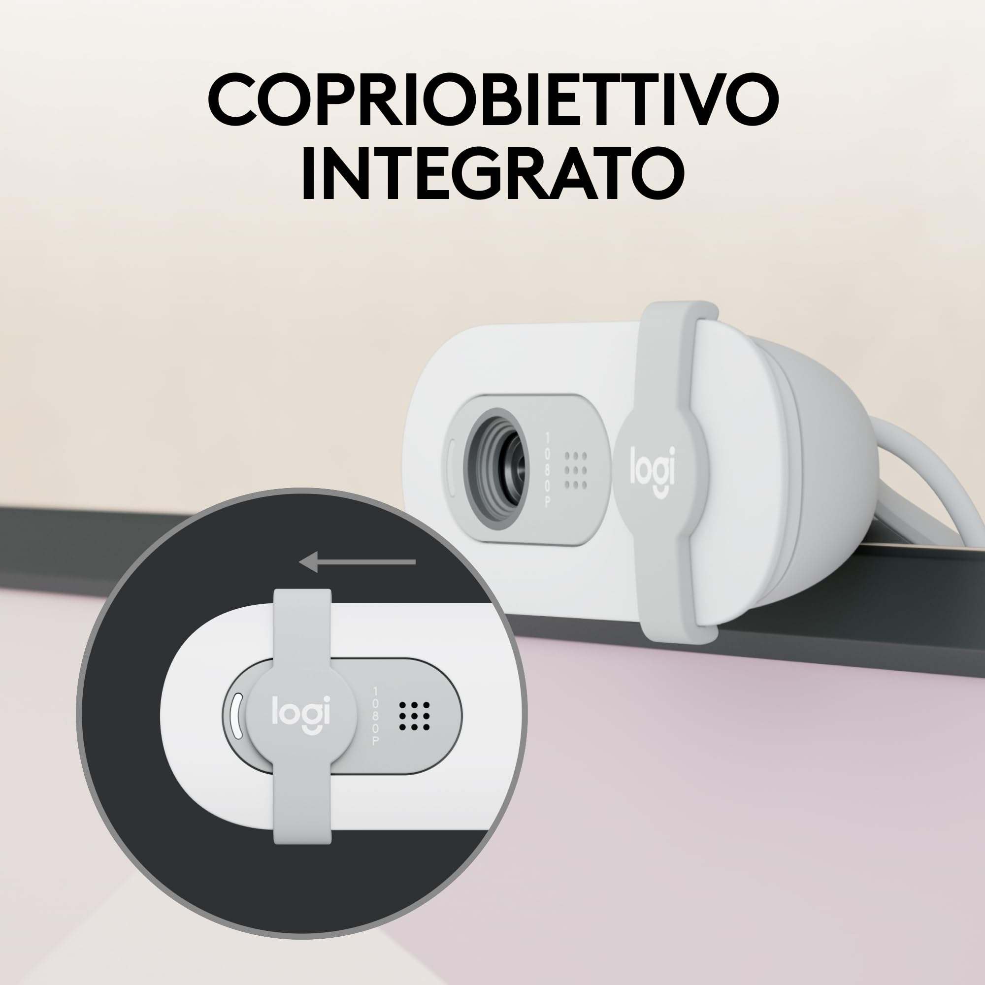 Logitech Brio 100 Full HD per riunioni e streaming, bilanciamento automatico illuminazione, microfono integrato, copriobiettivo, USB-A per Microsoft Teams, Google Meet, Zoom ecc - Bianco