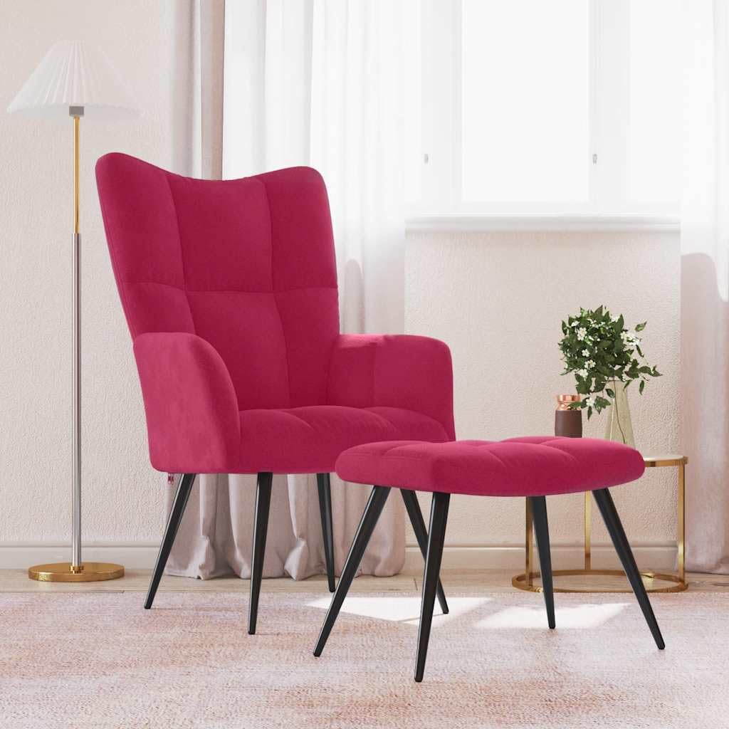 Sillón de relax con taburete de terciopelo, color rojo vino | Elegante sillón con reposapiés para dormitorio y rincón de lectura. Acolchado de espuma gruesa en marco de acero.