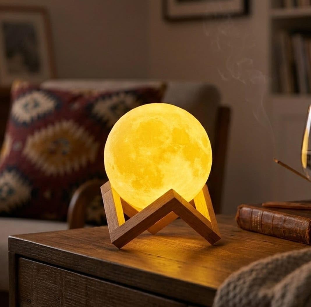 3D Moon Lamp with Wooden Stand, LED Night Light, Warm Yellow, Bedroom Table Decor-image-22