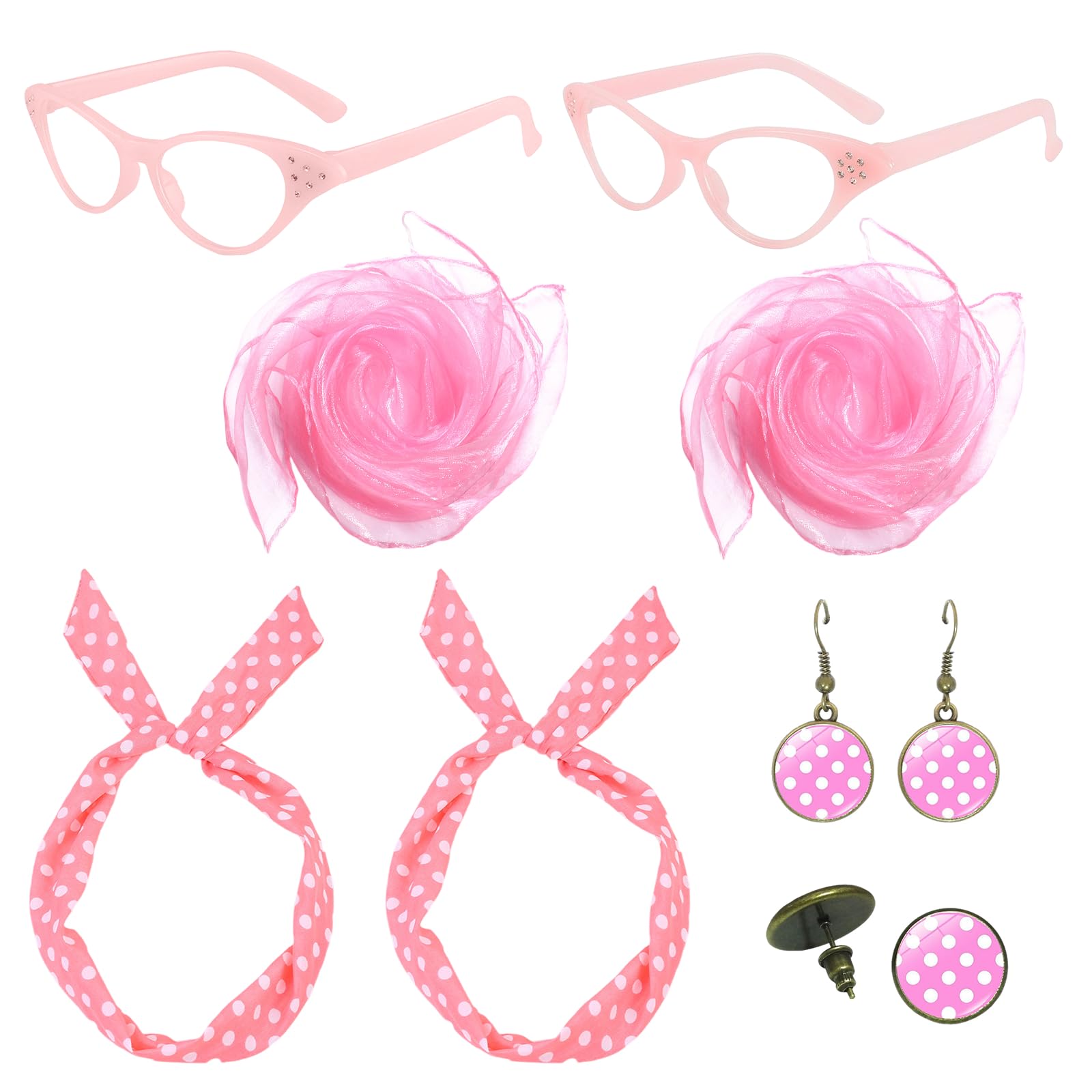 atnayo 8 Pcs Pink Ladies Grease Fancy Dress Set, Glasses Scarf Polka Dot Headband Earrings Ear Studs for Women Lady Retro Party Decor