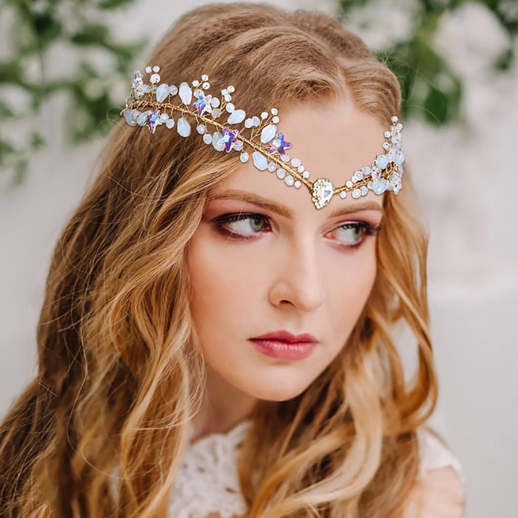 Formery Star Crystals Elf Headband Gold Rhinestone Fairy Headpiece Renaissance Garland Wedding Handmade Crystal Bead V-shape Elven Circlet Tiara for Women and Girls