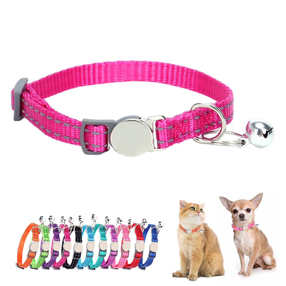 Reflective Cat Collar with Bell, Soft Nylon Break Away Kitten Collar with Bells, Breakaway Dog Collars for XXS Xs Small Tiny Little Girl Pet Dogs, Neck 7-11 Inch Hot Pink