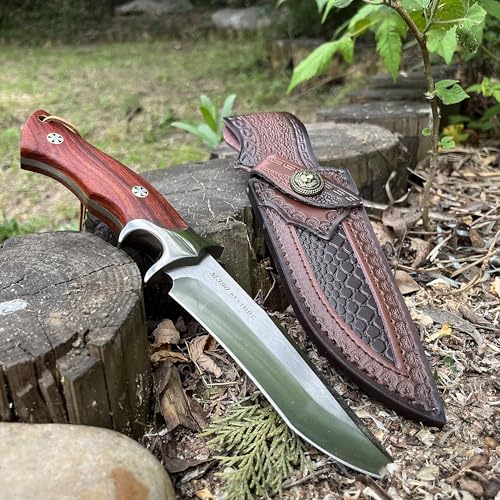 Qixenio QX0021 M390 Steel Hunting Knife, Handmade Fixed Blade, Full-Tang Knife With Leather Sheath Non Slip Red Colored Wood Handle thumb #2