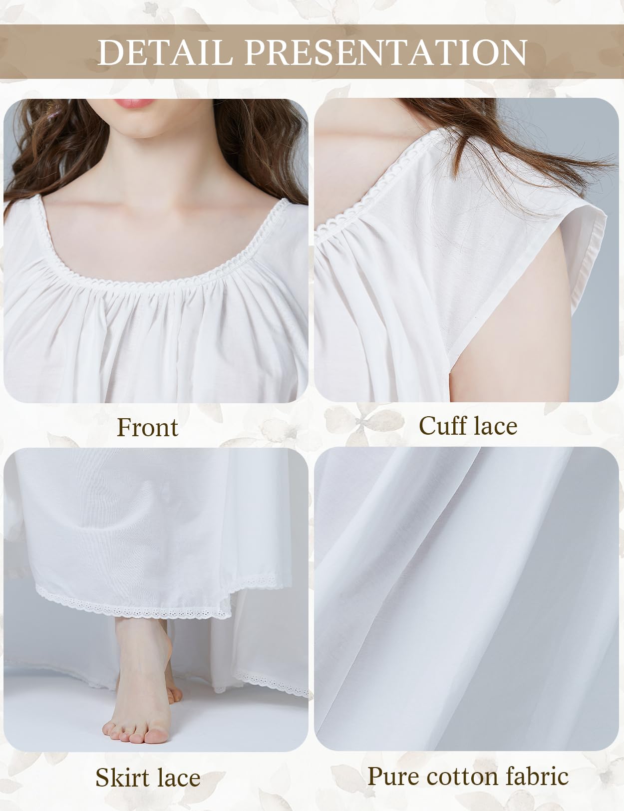 BEAUTELICATE Nachthemd Baumwolle Viktorianisches Damen Schlafanzüge Nachtwäsche Lang Sexy Ärmellos Kurzarm Loses Nachtkleid Dessous Retro Nachtwäsche Elfenbein