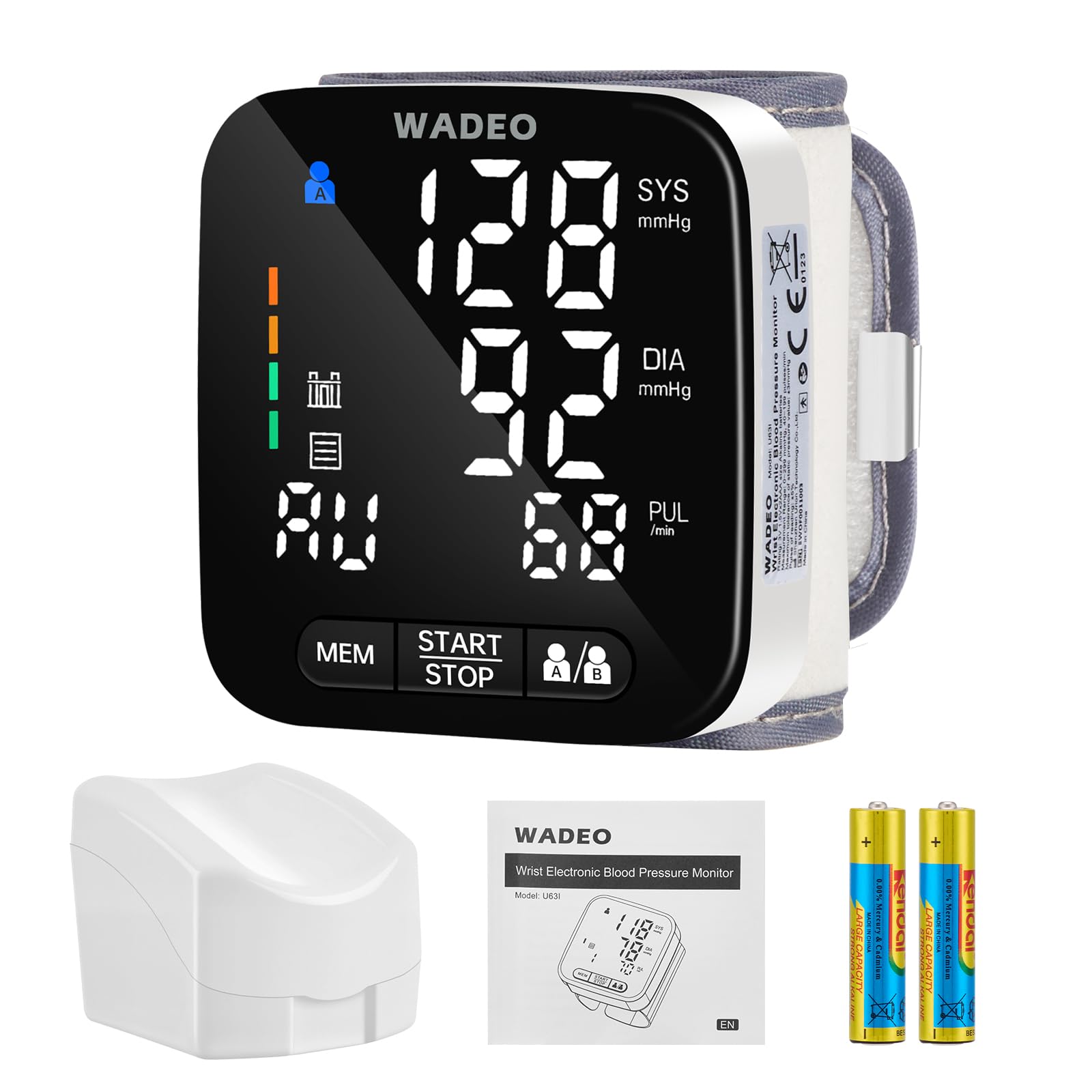 WADEO Tensiómetro digital de muñeca con pantalla LCD, tensiómetro portátil para el hogar o de viaje, medición precisa, 5 idiomas, memoria de 2 x 99, con batería