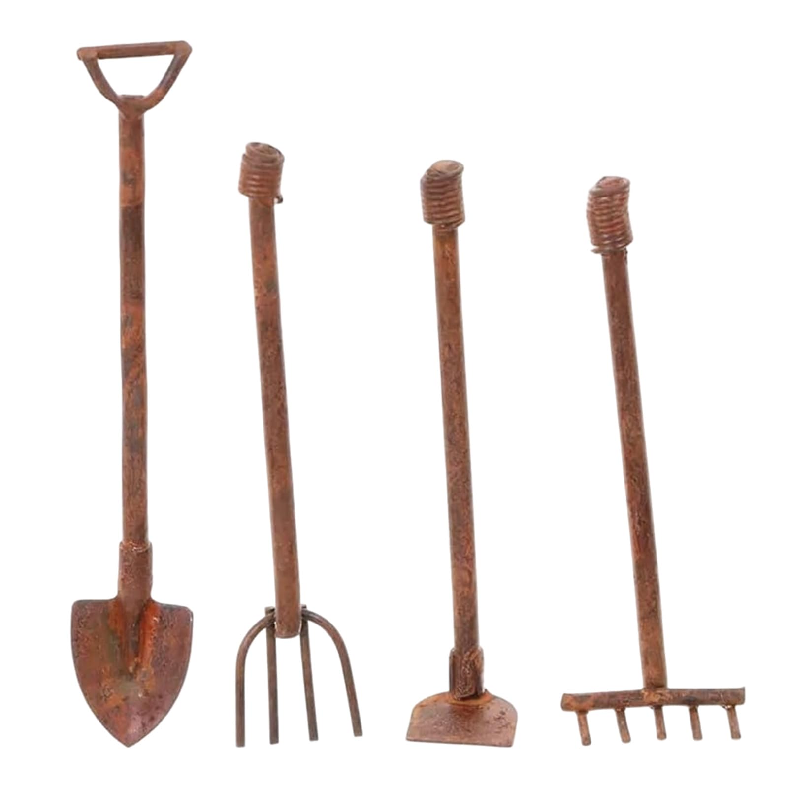 4 Pcs/Set Miniature Dollhouse Garden Tools 1:12 Mini Rusty Shovel Hoe and Pitchfork Fairy Garden Accessories Furniture Ornaments Micro Landscape Decor Garden Sculptures Statues Dollhouse Accessories