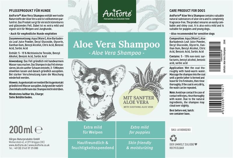 AniForte Aloe Vera Welpenshampoo für Hunde 200ml - Hundeshampoo mild & parfümfrei, Welpen Shampoo für Junghunde & empfindliche Hunde, für glänzendes & leicht kämmbares Fell
