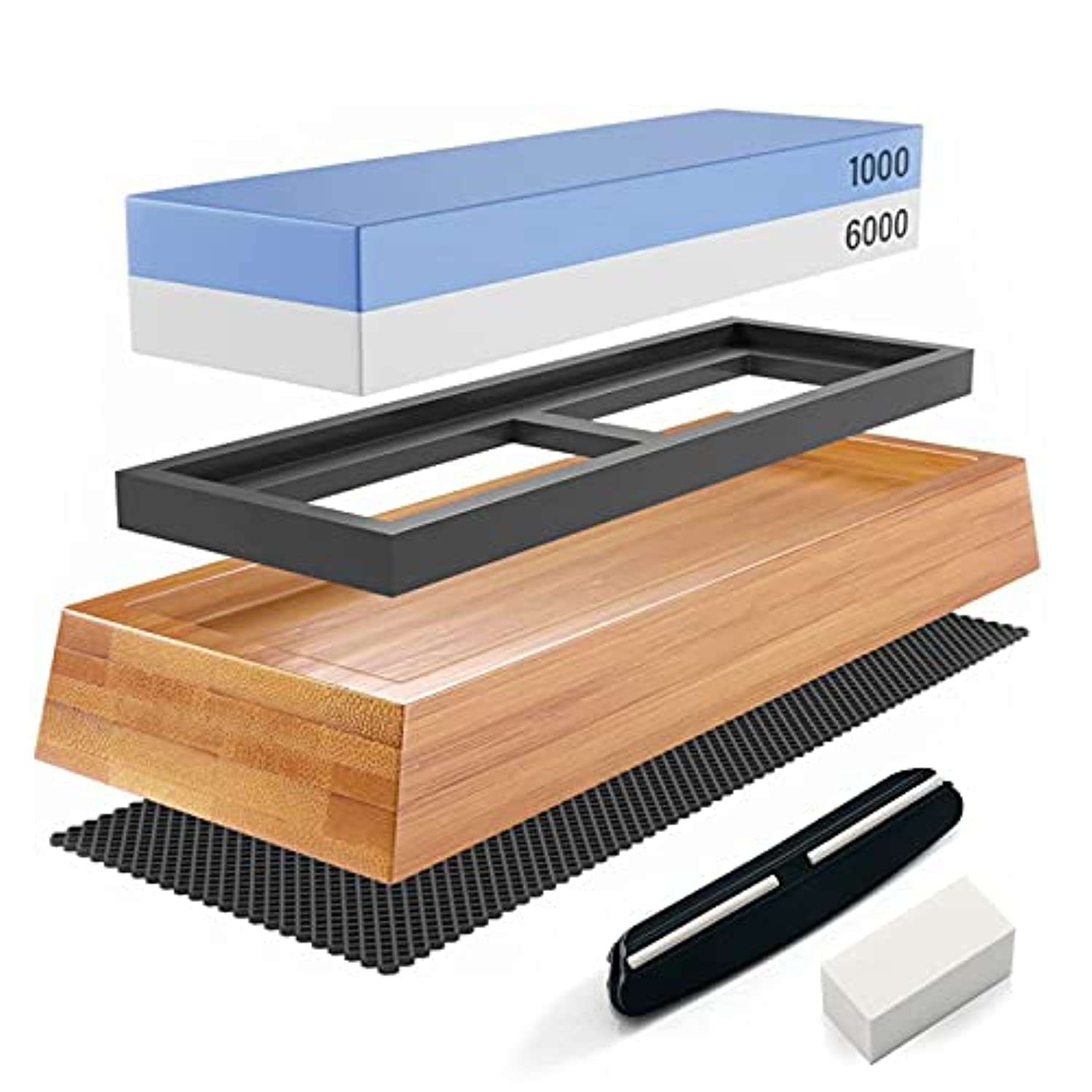 KishMeKnife Sharpener Whetstone for Kitchen Sharpening- 1000/6000 Dual Grit Side with Anti-Slip Silicone, Bamboo Holder and Angle Guide Correction, Ideal Grinding Stone for Chefs and Cooking Lovers