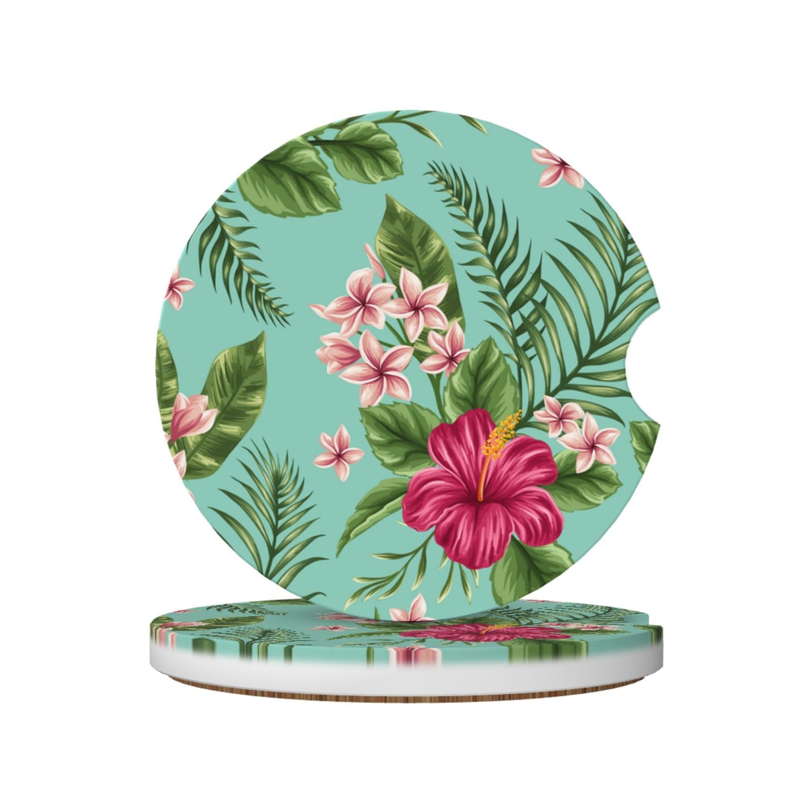 Plumeria And Hibiscus Flowers Print Exotic Jungle Palm Leaf, Car Cup Holder Coasters 2 Pack, Absorbent Ceramic Car Coasters with Non Slip Cork Base