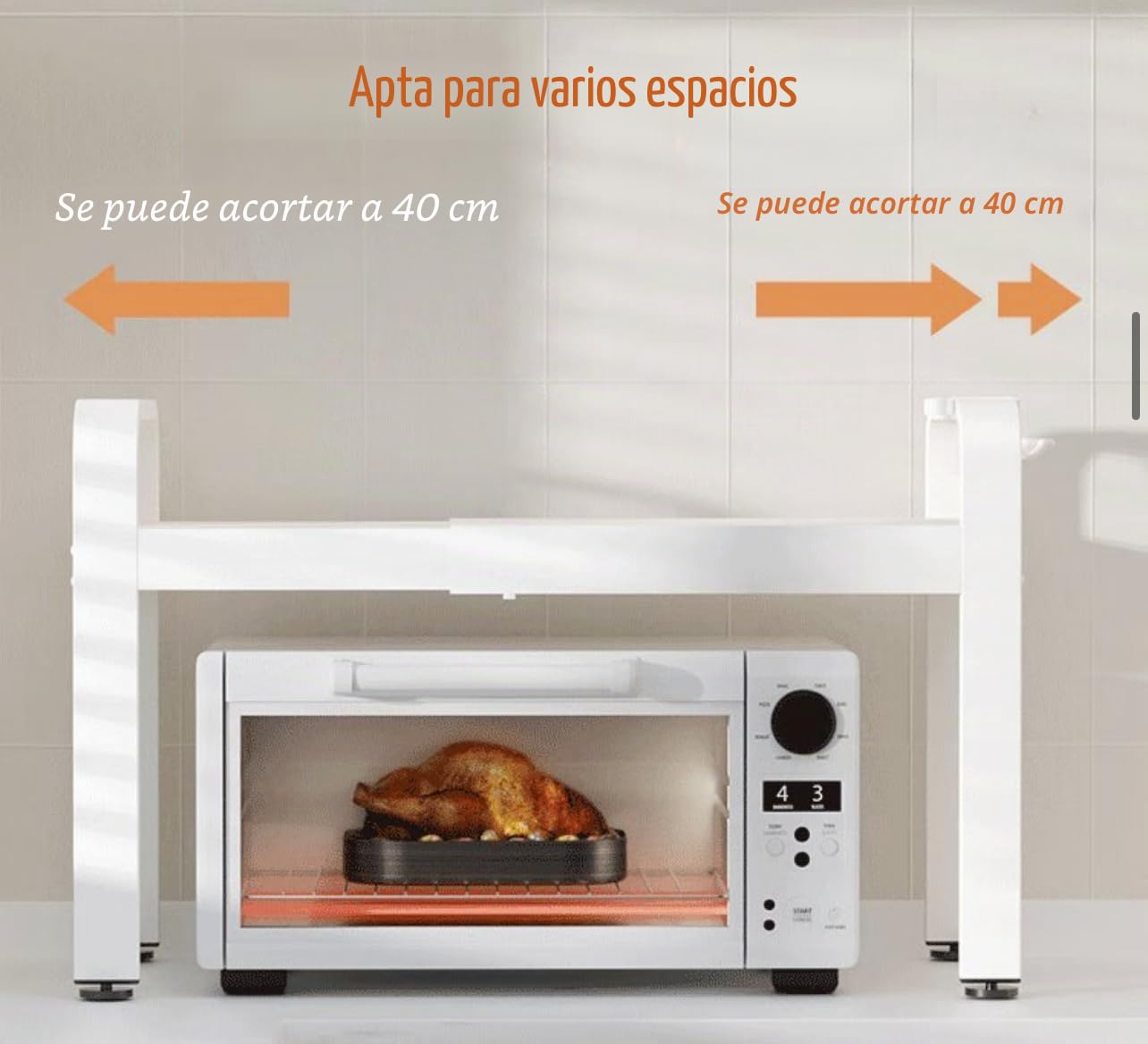 Estante blanco expandible de doble capa para horno microondas, estante para encimera de cocina con 6 ganchos, estante de almacenamiento que ahorra espacio, 15-25 pulgadas de largo x 14.1