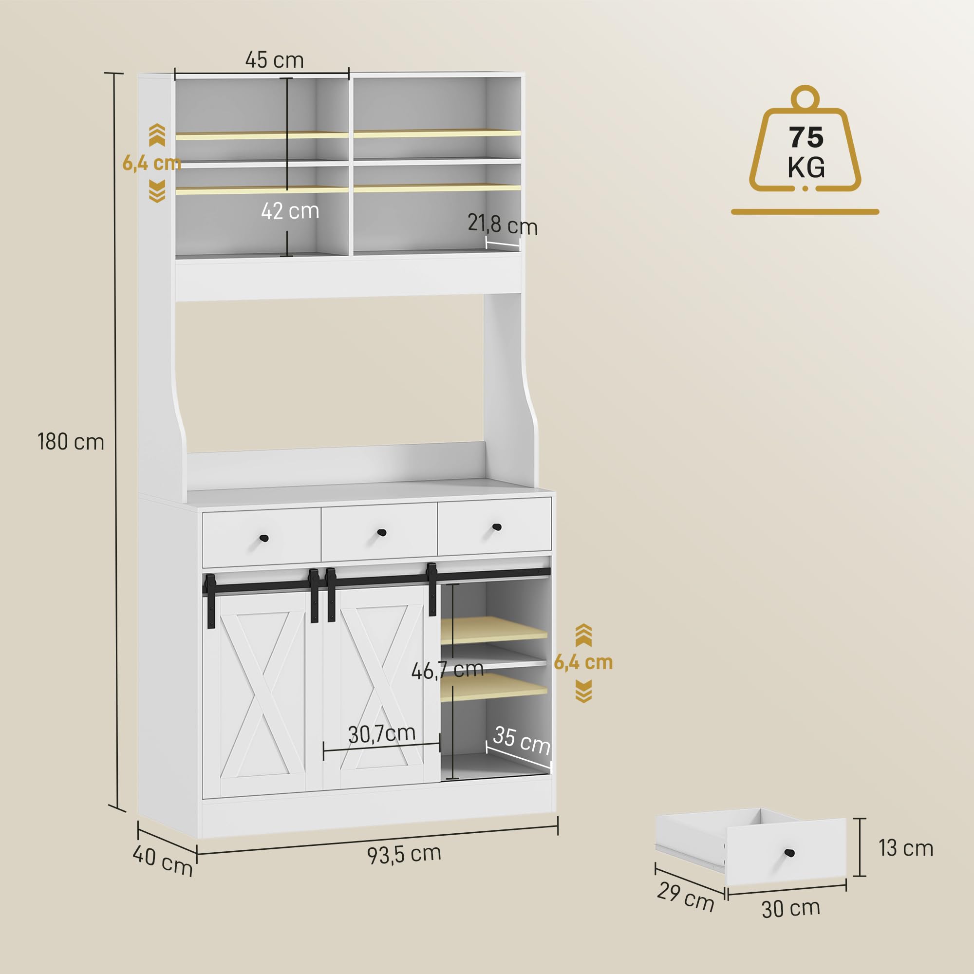 HOMCOM Alacena de Cocina Mueble Auxiliar con Encimera para Microondas, 2 Puertas Corredizas y 3 Cajones, Estantes Regulables, Estilo Granja, 93,5x40x180 cm Blanco